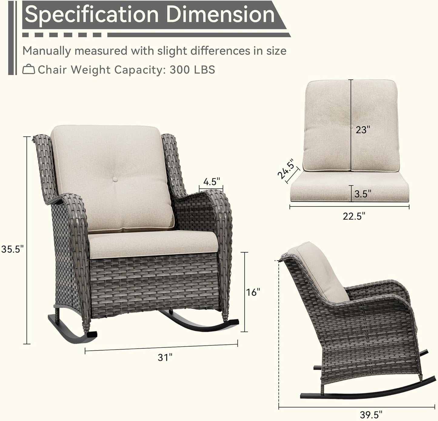 1 PC Outdoor Rocking Chair, Wicker Patio Rocker Chair for Yard, Porch, Mixed Brown Grey Rattan, Beige Cushions
