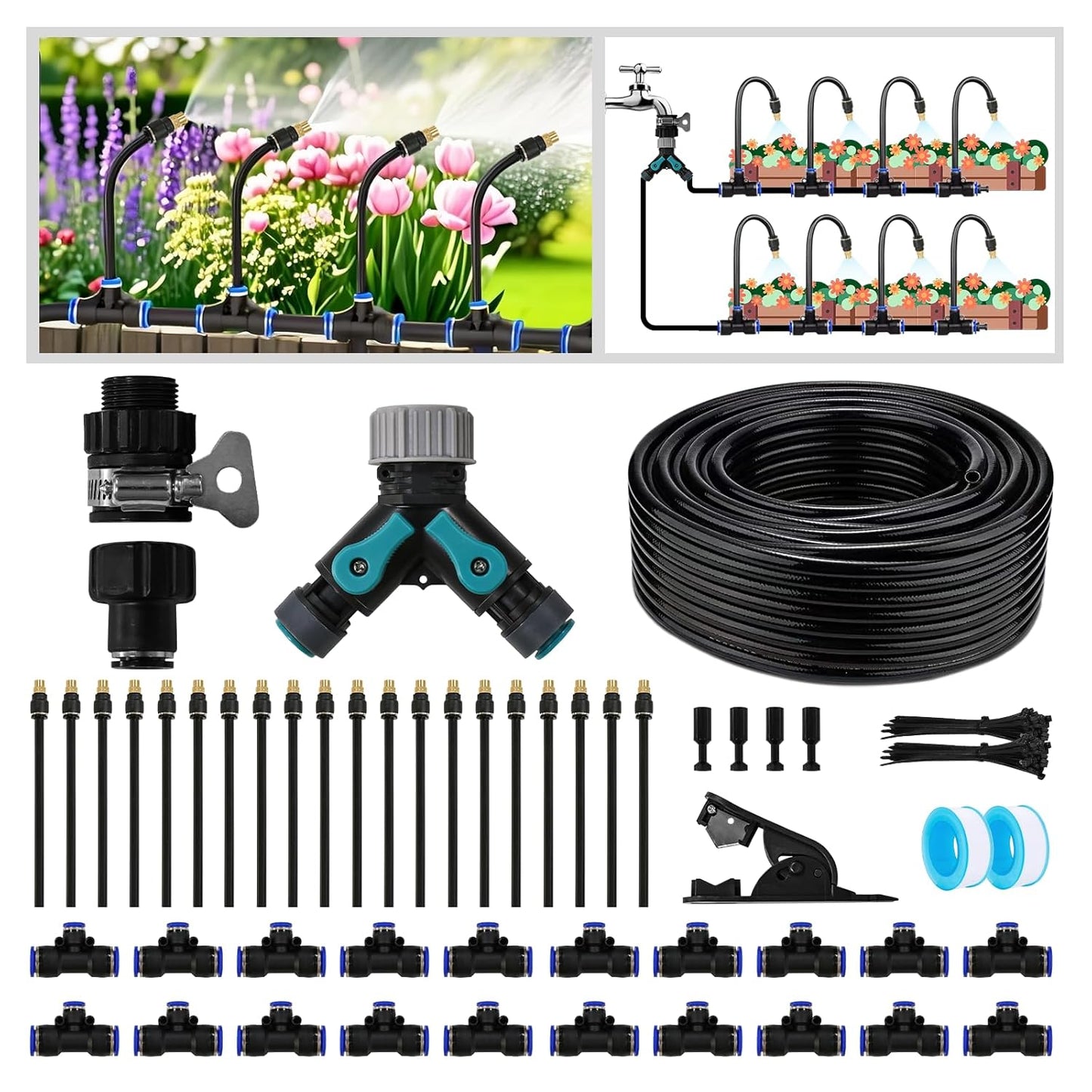 Drip Irrigation Kit - 100 FT. Hose Sprinkler System with 360° nozzles and T-connectors for Gardens, lawns, Plants, Flower beds, Trees, patios and hydroponics (Closeable nozzle-20)