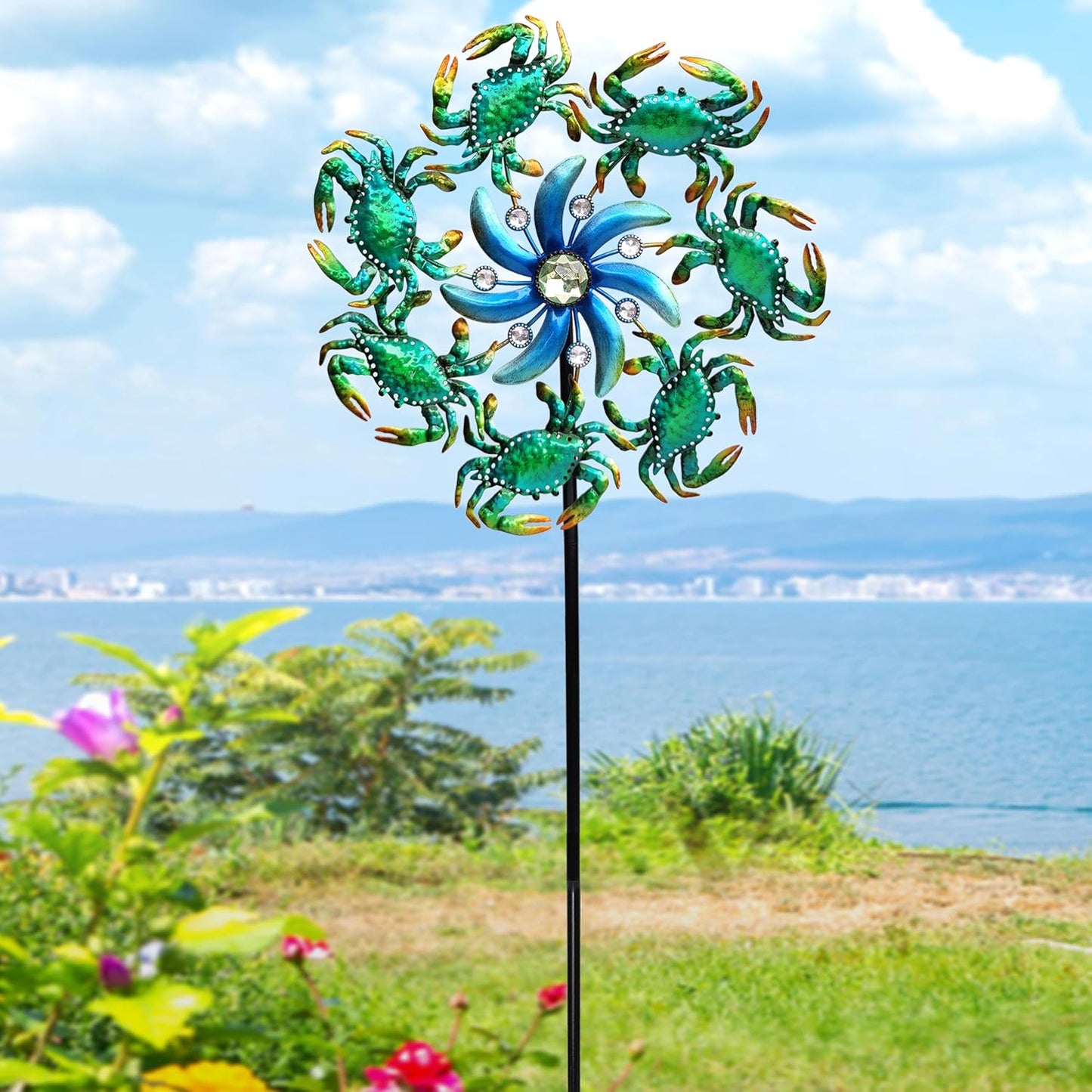39" Crab Wind Spinners Metal Windmill Garden Stake,Ocean Theme Outdoor Wind Spinner,Wind Sculptures Yard Art Decorations for Patio,Lawn & Garden Decor