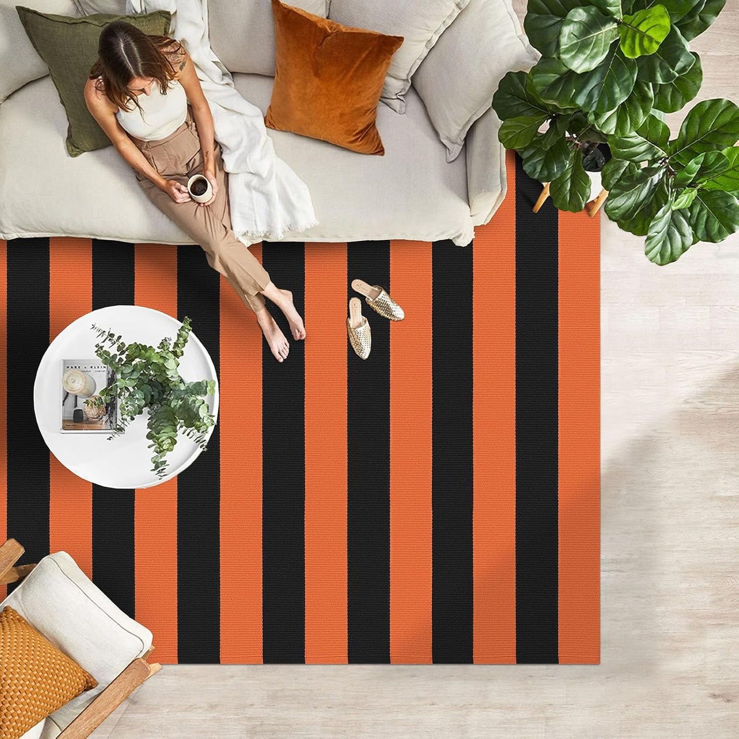 IOHOUZE Fall Door mat 4x6 Ft Orange Black Striped Area Rug Washable Front Porch Rug Striped Door Mat Outside Entrance Entryway Doormat for Fall, Halloween, Thanksgiving Porch Decor