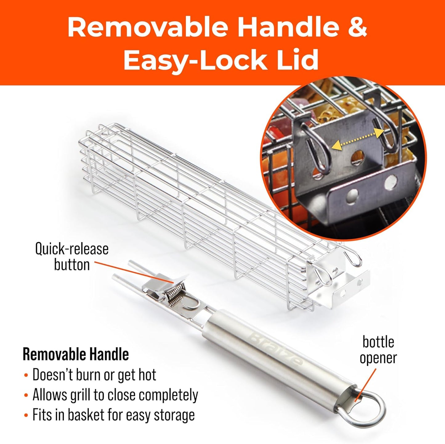 Large Grilling Basket Set – 3 Stainless Steel Kabob Baskets with Removable Handle & Scrubber Sponge – Heavy-Duty Grill Accessory for Veggies, Meat & More