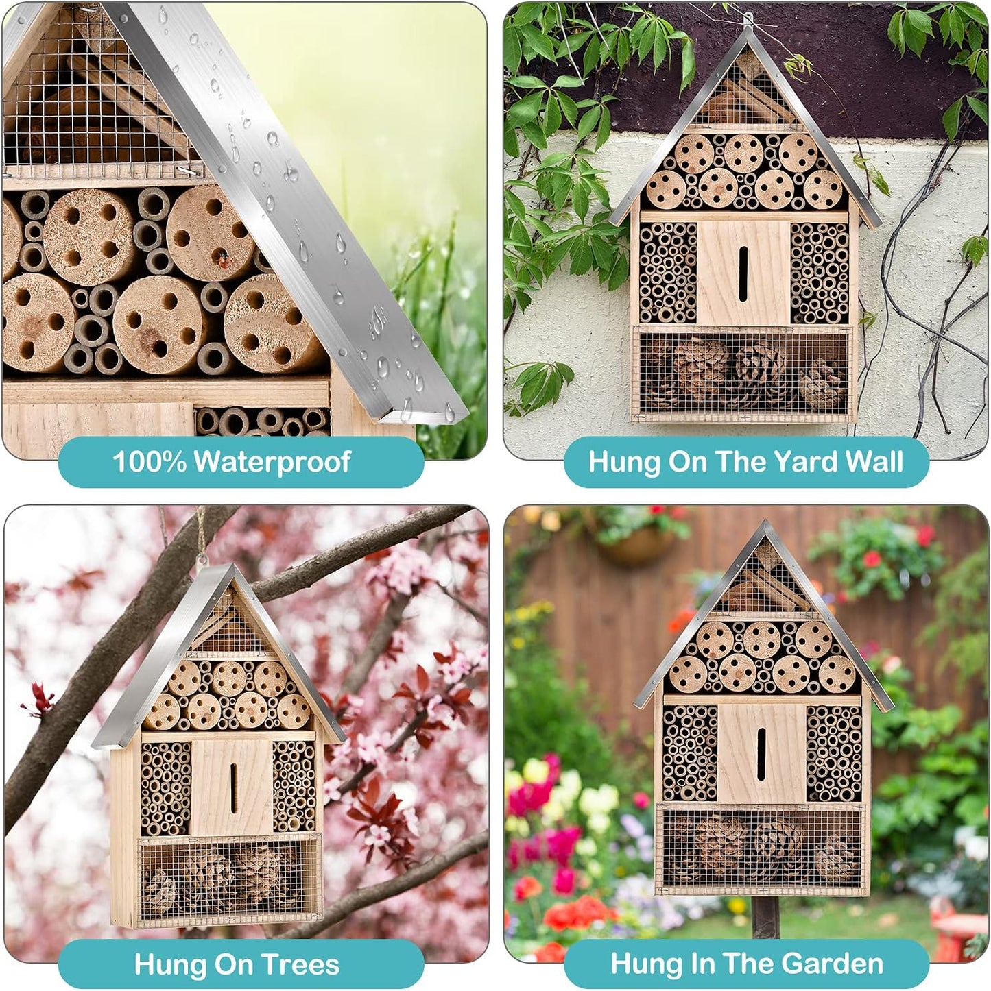 Wooden Mason Insect Bee Butterfly House,Insect Hotel,an Outdoor Hanging Bamboo Habitat for Bee Butterfly Ladybugs Live,Bee Box,Butterfly Habitat for Garden,9 x 15.7 x 2.5 Inch