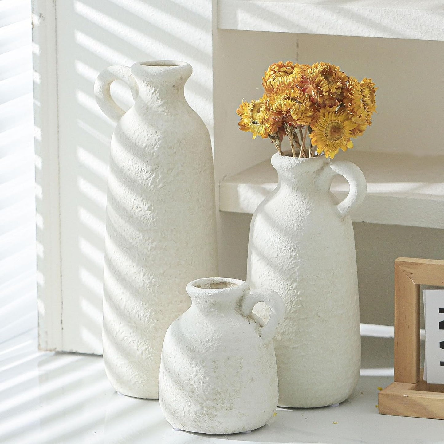 Ceramic Vase Set of 3 with Handle, Neutral Rustic Vases Home Decor Farmhouse Decorative Vase Whitewashed Pottery Decor Modern for Table Mantel Entryway Bookshelf Living Room Kitchen Bedroom - White