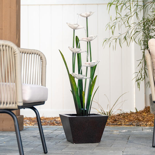 XBrand Freestanding Sculptural Metal Multi-Tiered Flower Water Fountain, w/LED Lights, Multicolored, 39" Tall