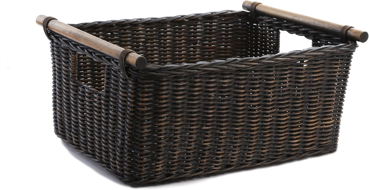 The Basket Lady Pole Handle Wicker Storage Basket, Extra Large, 20 in L x 16 in W x 10 in H, Antique Walnut Brown