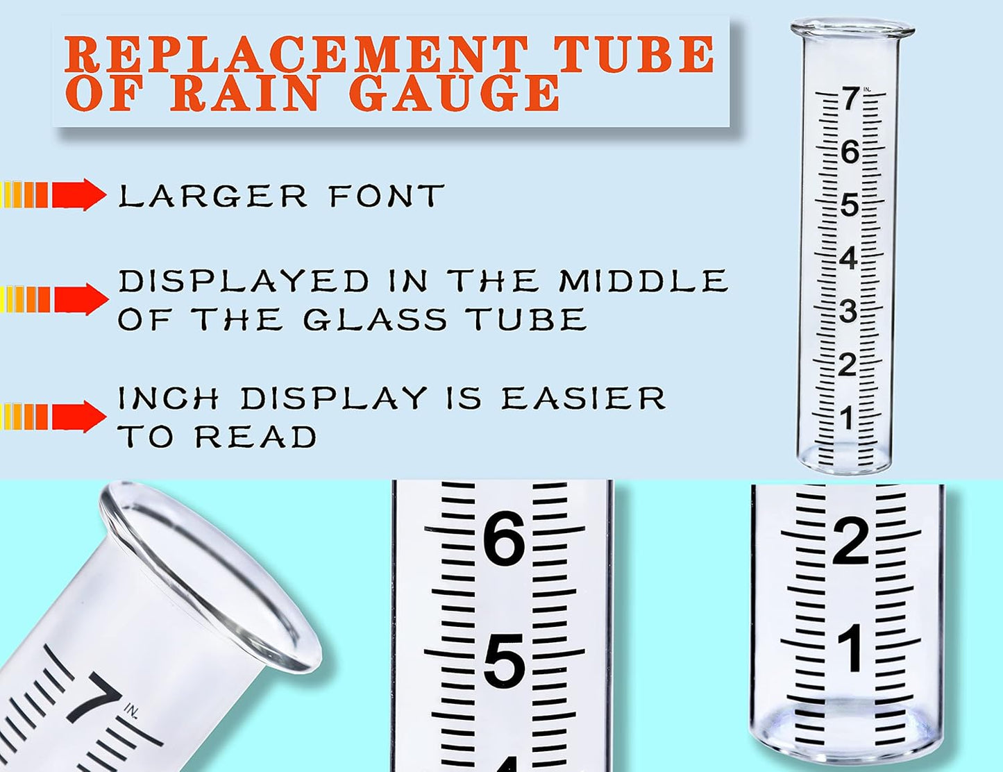 JMBay Rain Gauge Replacement Tube,7 inch Capacity Outdoor Rain Gauge Glass Tube for Garden Yard Home, Upgraded Lip Design Large Font Transparent Measure Tube,Best pcs Tube with 1 Clean Brush.