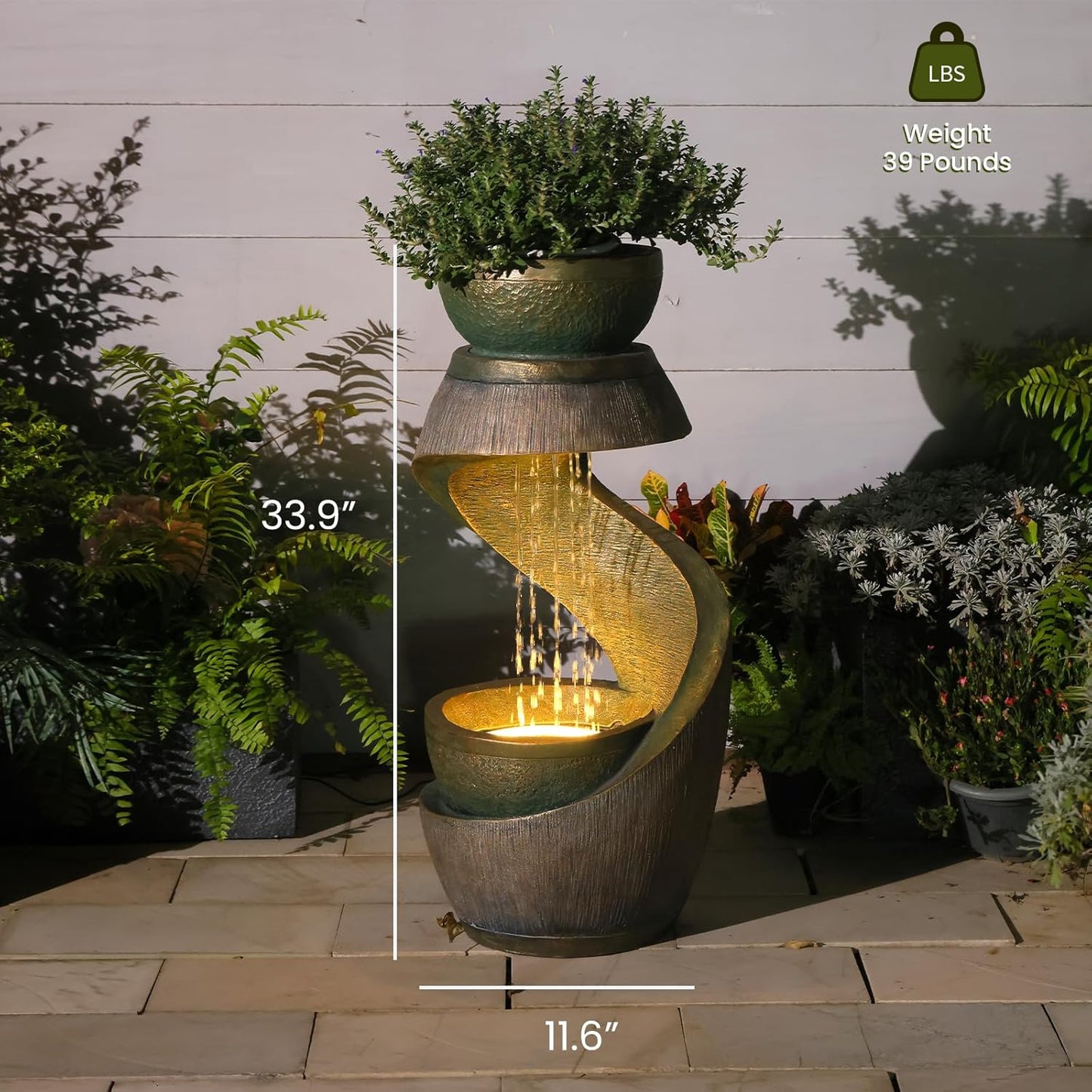 31.9" S-Shaped Water Outdoor Fountain–Modern Cascading Waterfall Feature with LED Lights & Planter Bowl, Garden Fountains Outdoor for Patio, Balcony, Yard or Home Decor, Resin Waterfall, Gold