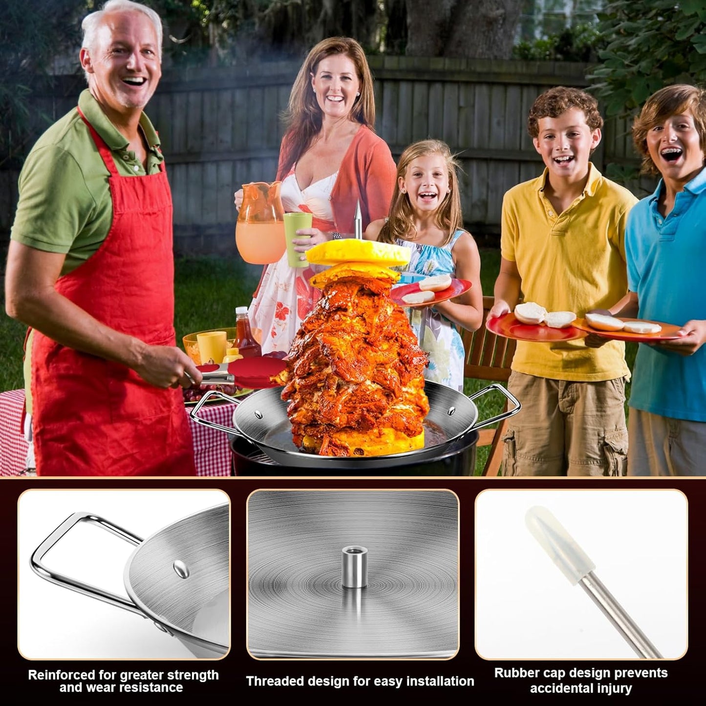 Stainless Steel Al Pastor Skewer & Gyro Pan for Grill – BBQ Vertical Skewer Pan Set with 3 Removable Spikes (8”/10”/12”), Brushes & Tongs, Brazilian Spit Stand for Tacos, Shawarma, Kebabs, Oven