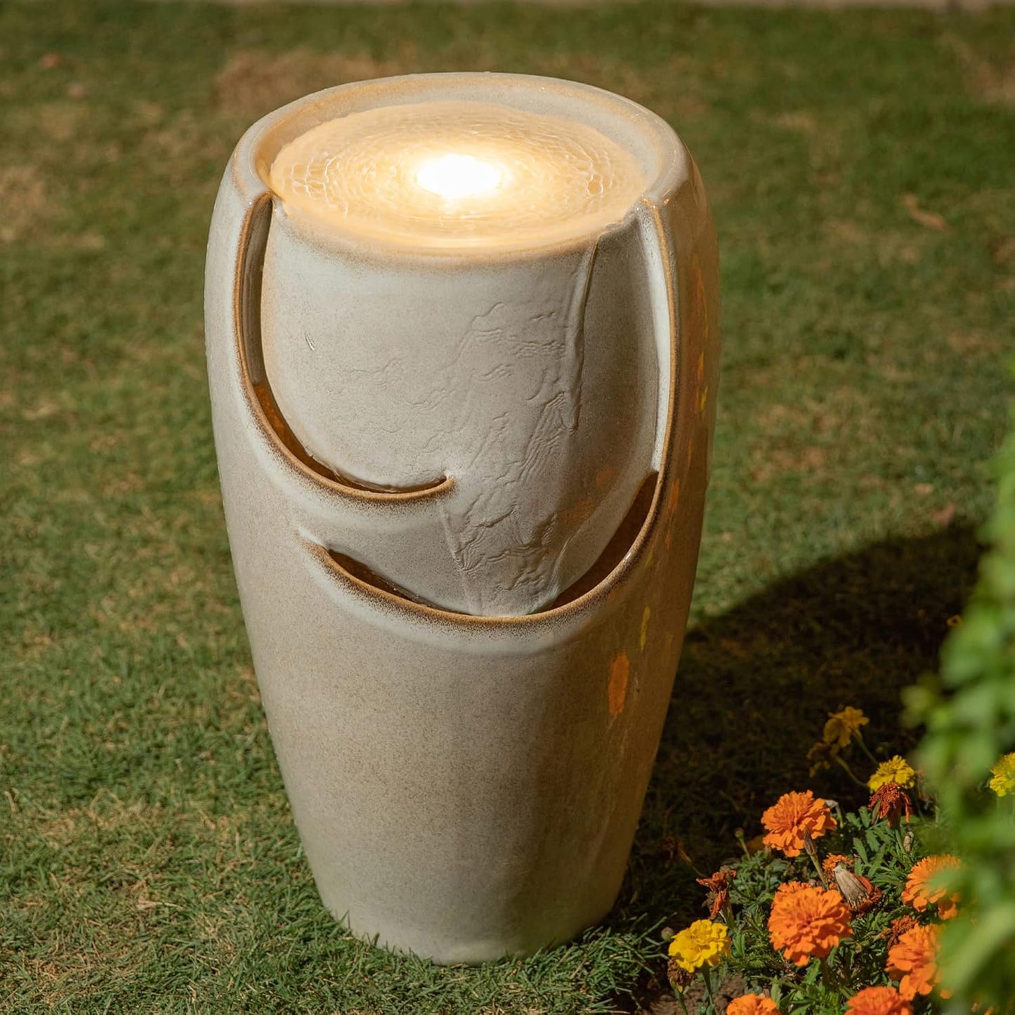 Glitzhome 21.25" H Ceramic Vase Outdoor Water Fountain Tall Patio Garden Water Fountain with LED Light and Submersible Pump Yard Art Decor, Sand Beige