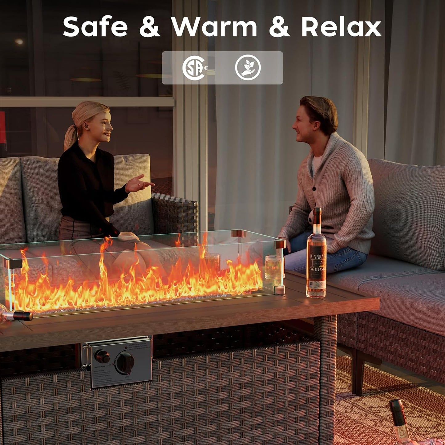 Propane Fire Pit Table Outdoor,44" 60000BTU Auto-Ignition Fire Table with Wind Guard Square Large Wicker Firepits for Porch Garden(Grey,CSA Certified)