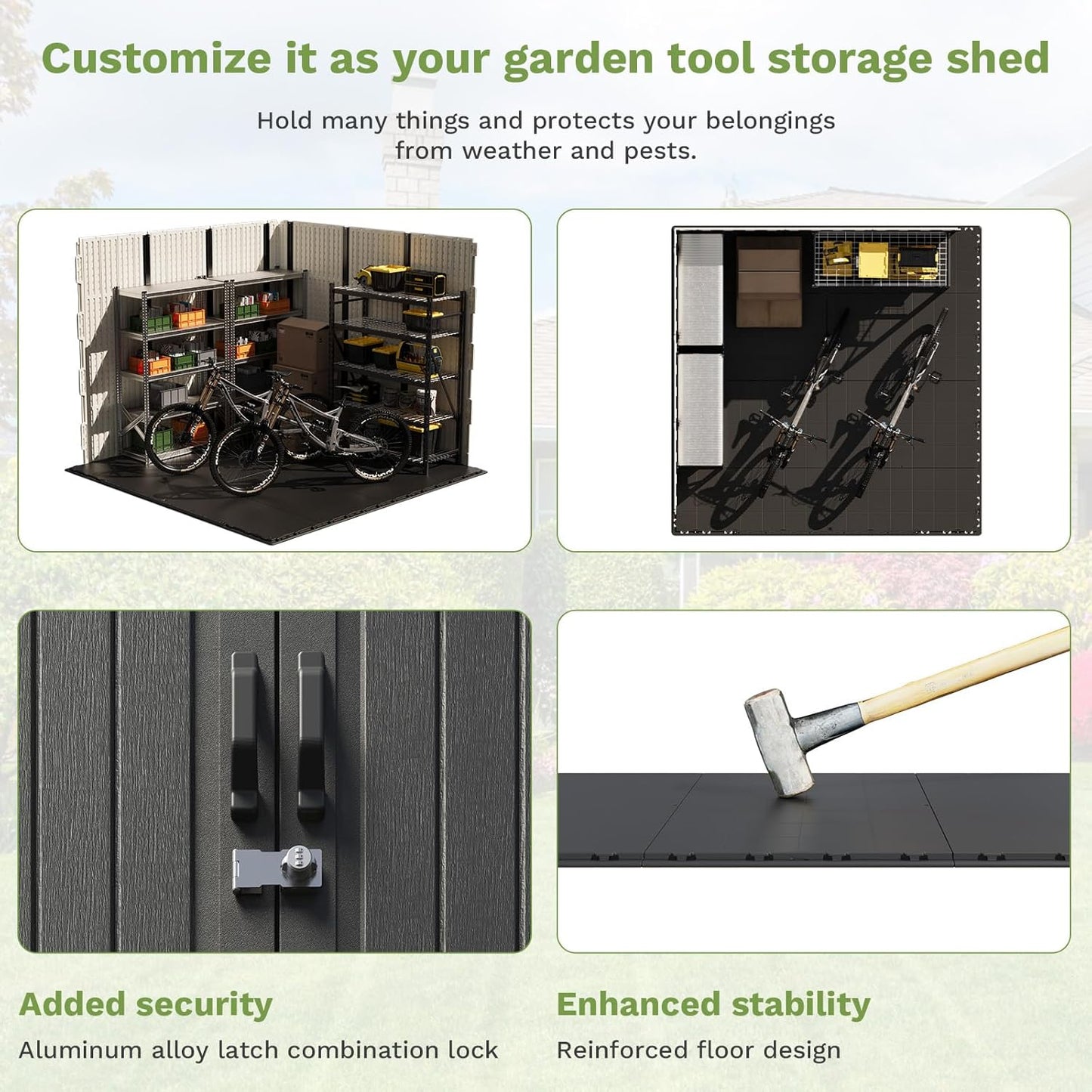 Patiowell 8 x 8 FT Plastic Outdoor Storage Shed with Floor, Resin Shed with Window and Lockable Door for Garden, Backyard, Tool Storage Use, Easy to Install in Beige (Kick-it Shed)