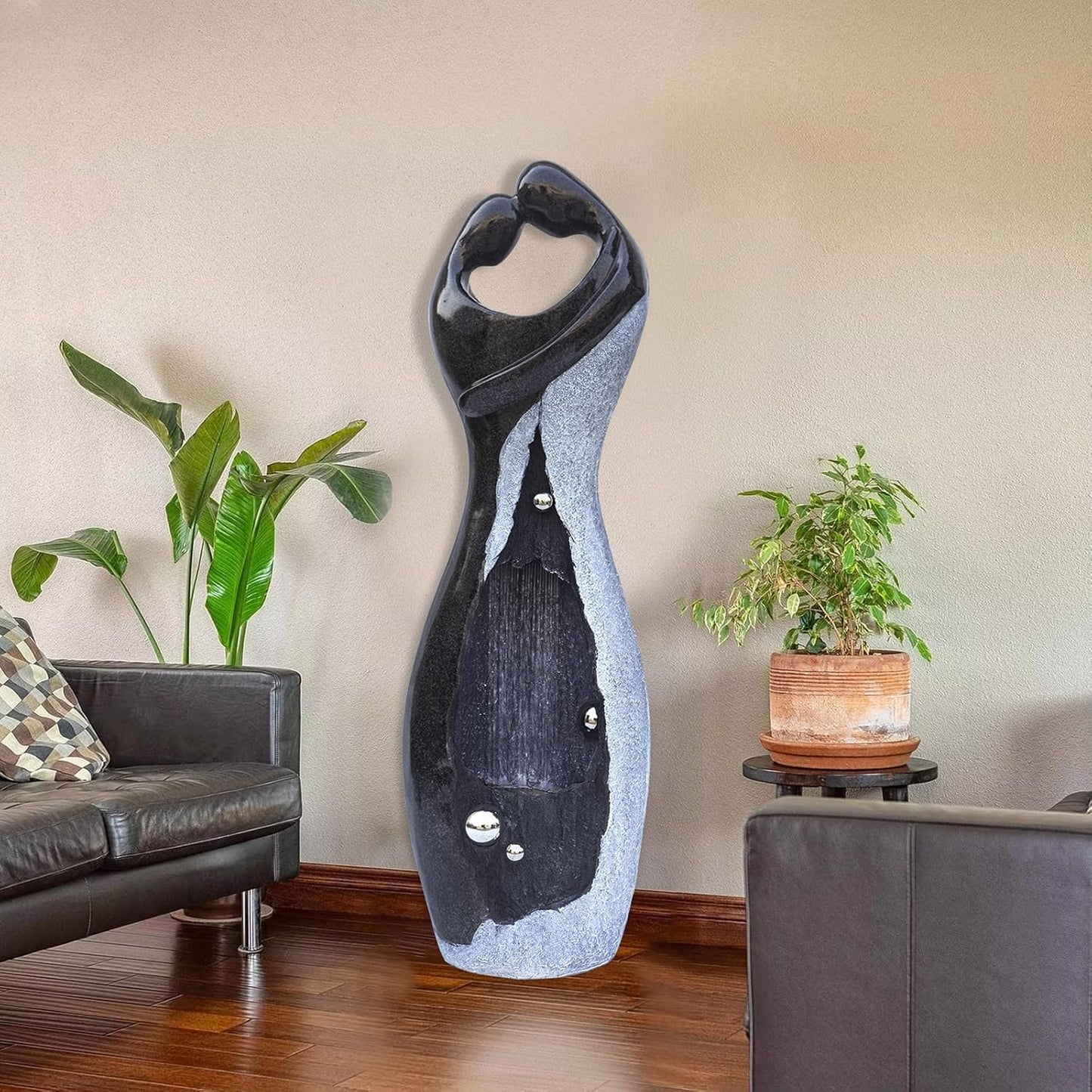 Modern Waterfall Fountains Graceful Hugging Couple Gurgling Water Features Outdoor Indoor Garden Faux Stone Zen Fountain in Marble Color for Courtyard, Patio, Lawn, Lobby 47" Height