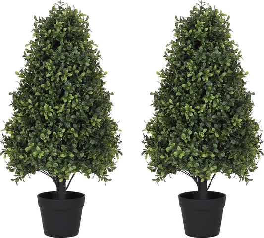 30" Boxwood Topiary Trees Artificial Outdoor Set of 2, UV Resistant Faux Plants for Front Porch Planters, Realistic Cone-Shaped Fake Bushes & Shrubs, 2.5ft Evergreen Decoration