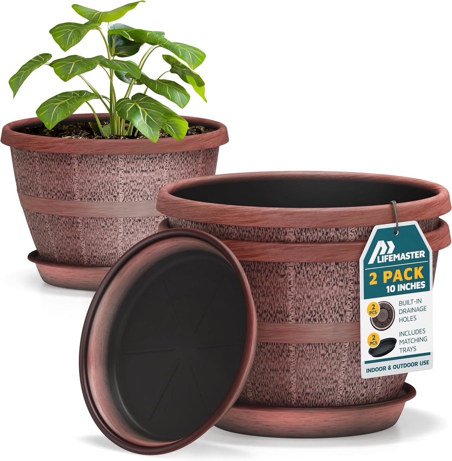 10-Inch Whiskey Barrel Planters Outdoor Pack of 2 - Durable Plastic Plant Pots for Indoor & Outdoor Use with Drainage & Saucer, Lightweight Rustic Barrel Planters for Flowers, Herbs & Small Plants