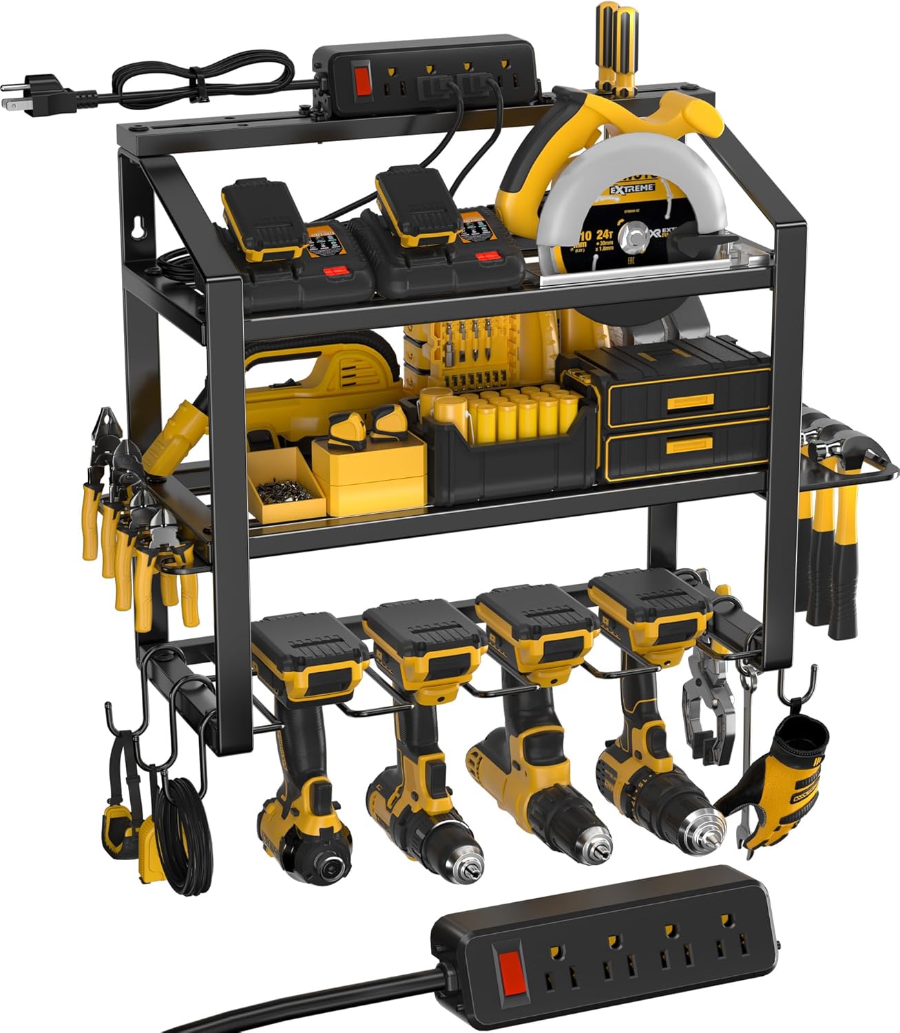 Power Tool Organizer With Charging Station, Heavy Duty Steel 4 Slots, Tool Battery Holder with 4 Outlet Power Strip, Easy To Install Garage Storage Rack for Workshop/Shed Gift For Men