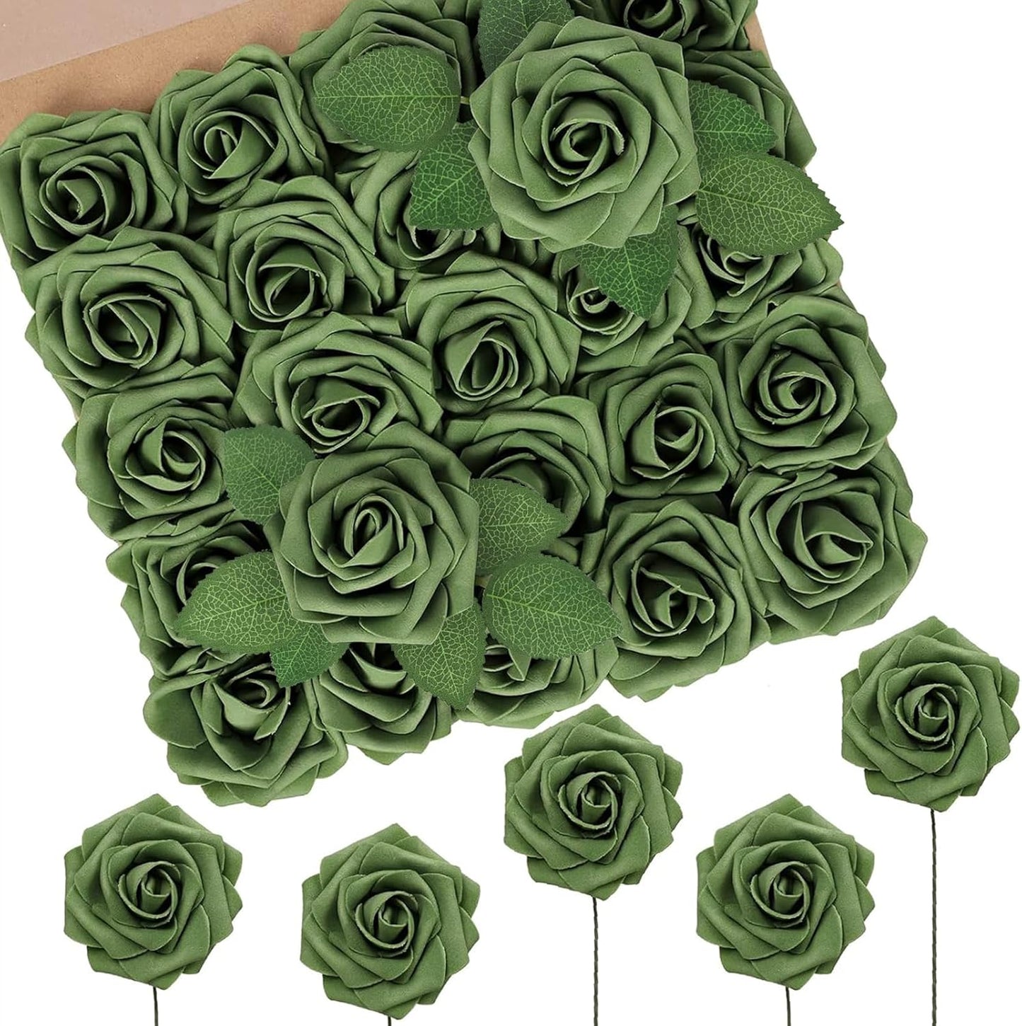 N&T NIETING Artificial Flowers Roses Army Green Foam Rose 50pcs Fake Flowers with Stem for DIY Wedding Bouquets Centerpieces Bridal Baby Shower Party Home Shower Arrangement Decoration