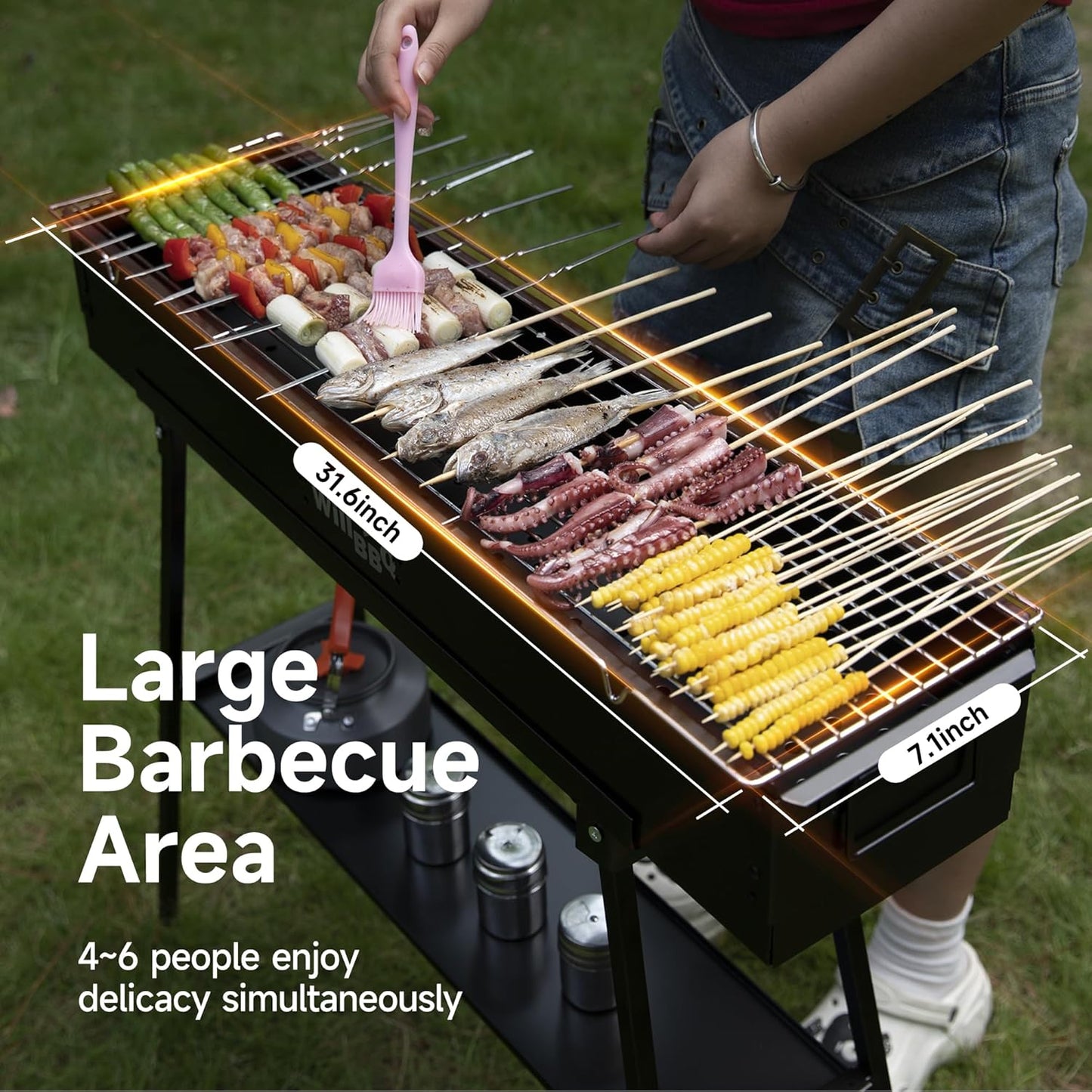 Charcoal Grills Commercial Quality Portable Multiple Size Hibachi BBQ Lamb Skewer Folded Camping Barbecue Grill for Backyard Party Picnic Travel Outdoor Cooking Use(31.6x7.1x5.1 inch),BLACK