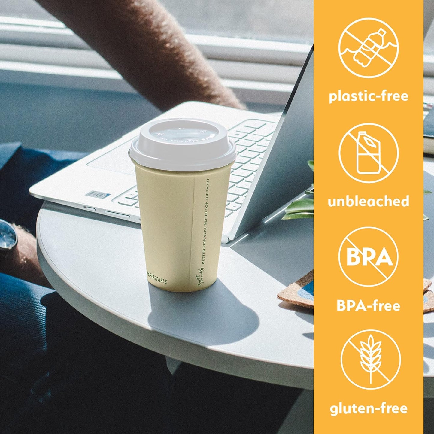 Earth's Natural Alternative 100% Compostable Disposable Coffee Cups with Lids [12oz 80 Set] Paper Cups Made from Unbleached Bamboo Fiber, Compostable Lids, To Go Coffee Cups with Lids