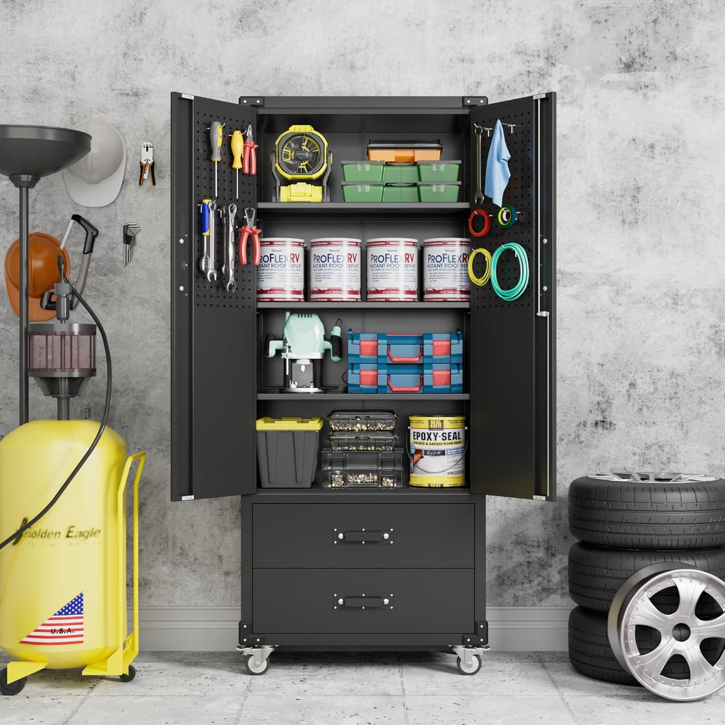 Upgraded Metal Garage Storage Cabinet with Wheels and 2 Drawers, Rolling Tool Cabinet with 3 Shelves and Pegboard Behind The Door for Home Office Garage,Assembly Required,Black