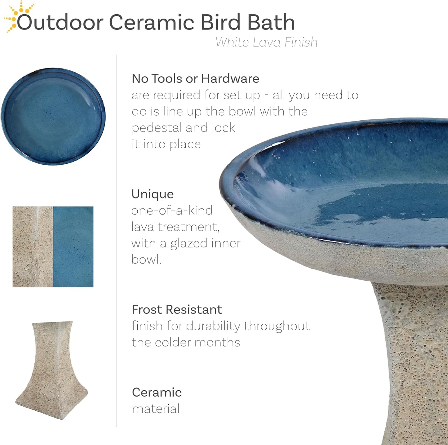 Sunnydaze Ceramic Bird Bath for Outside - 16" H - UV- and Frost-Resistant - Pedestal Bird Bath - Blue Glazed Bowl - White Lava Finish