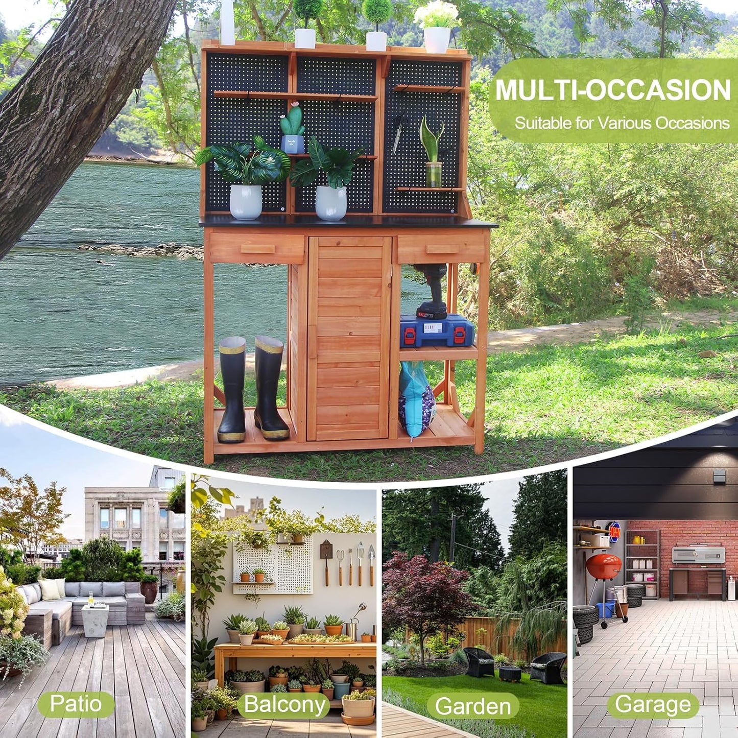 Outdoor Potting Bench,Wooden Potting Table with Metal Tabletop,Garden Work Bench with Drawer and Free Matching Storage Cabinet Shelf/Hooks for Backyard,Patio,Greenhouse (Black, 40 * 59 * 20in)