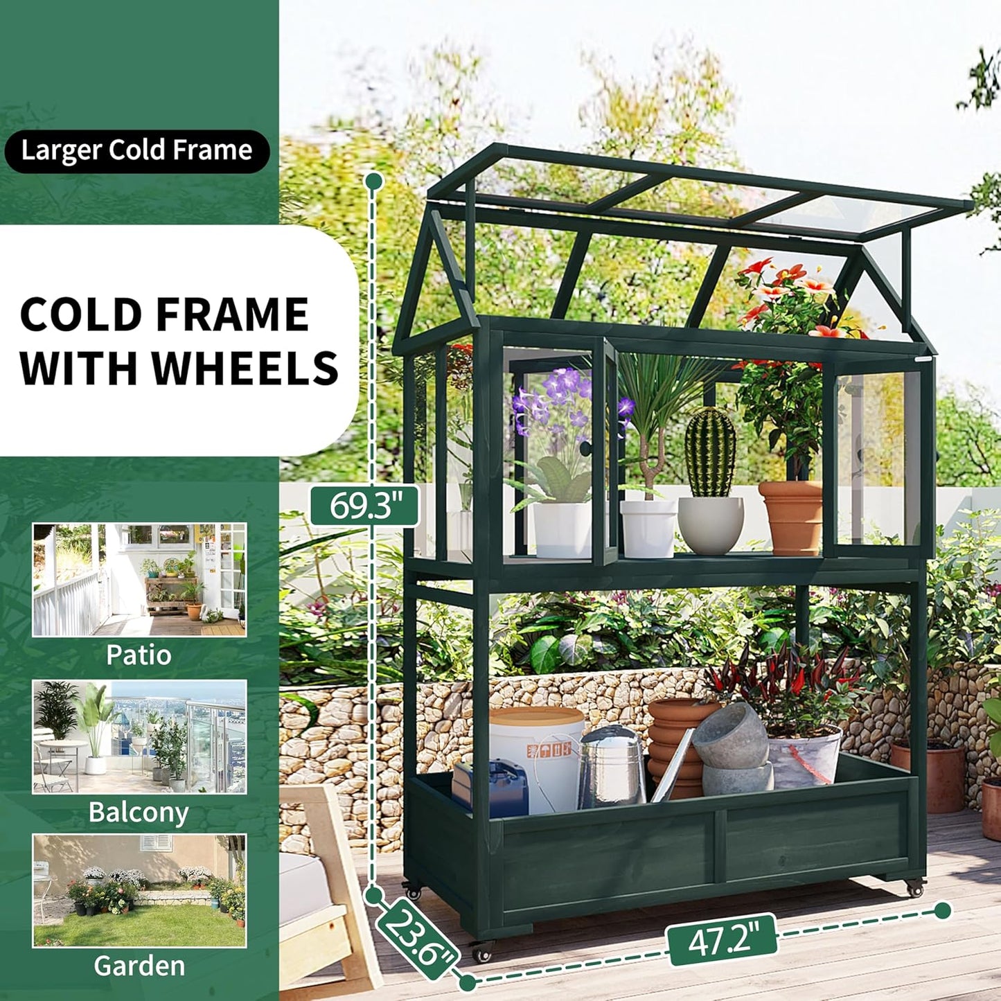 Portable Wooden Cold Frame Greenhouse with Wheels - 47" Mini Greenhouse with Adjustable Roof, Storage Box & Polycarbonate Panels - Plant Protector for Seedlings, Herbs & Winter Gardening (Green)