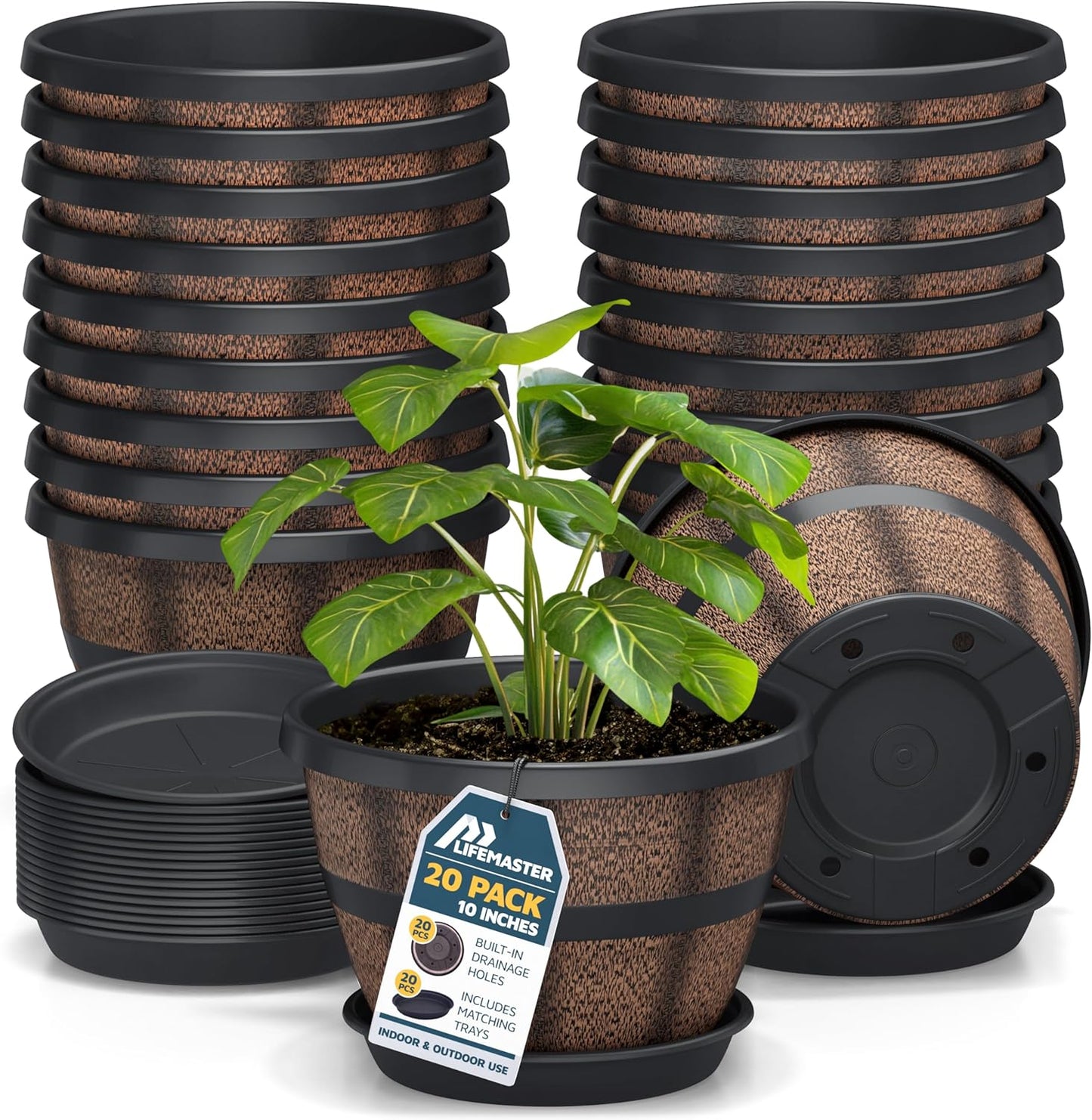 10-Inch Whiskey Barrel Planters Outdoor Pack of 20 - Durable Plastic Plant Pots for Indoor & Outdoor Use with Drainage & Saucer, Lightweight Rustic Barrel Planters for Flowers, Herbs & Small Plants
