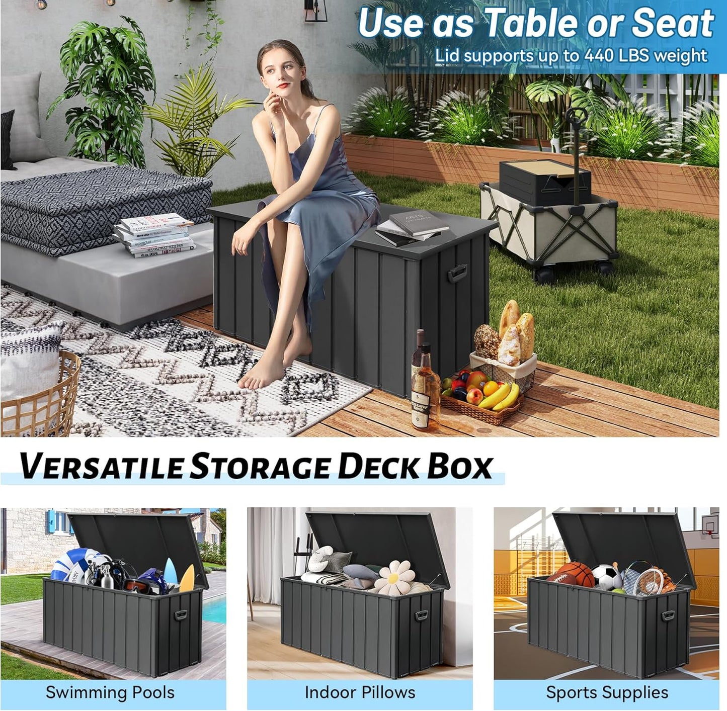 100 Gallon Metal Outdoor Storage Box, Waterproof Steel Deck Box, Large Patio Furniture Storage Cabinet, Lockable Storage Bench for Porch Package Delivery, Cushions, Pool, Tools- Dark Grey