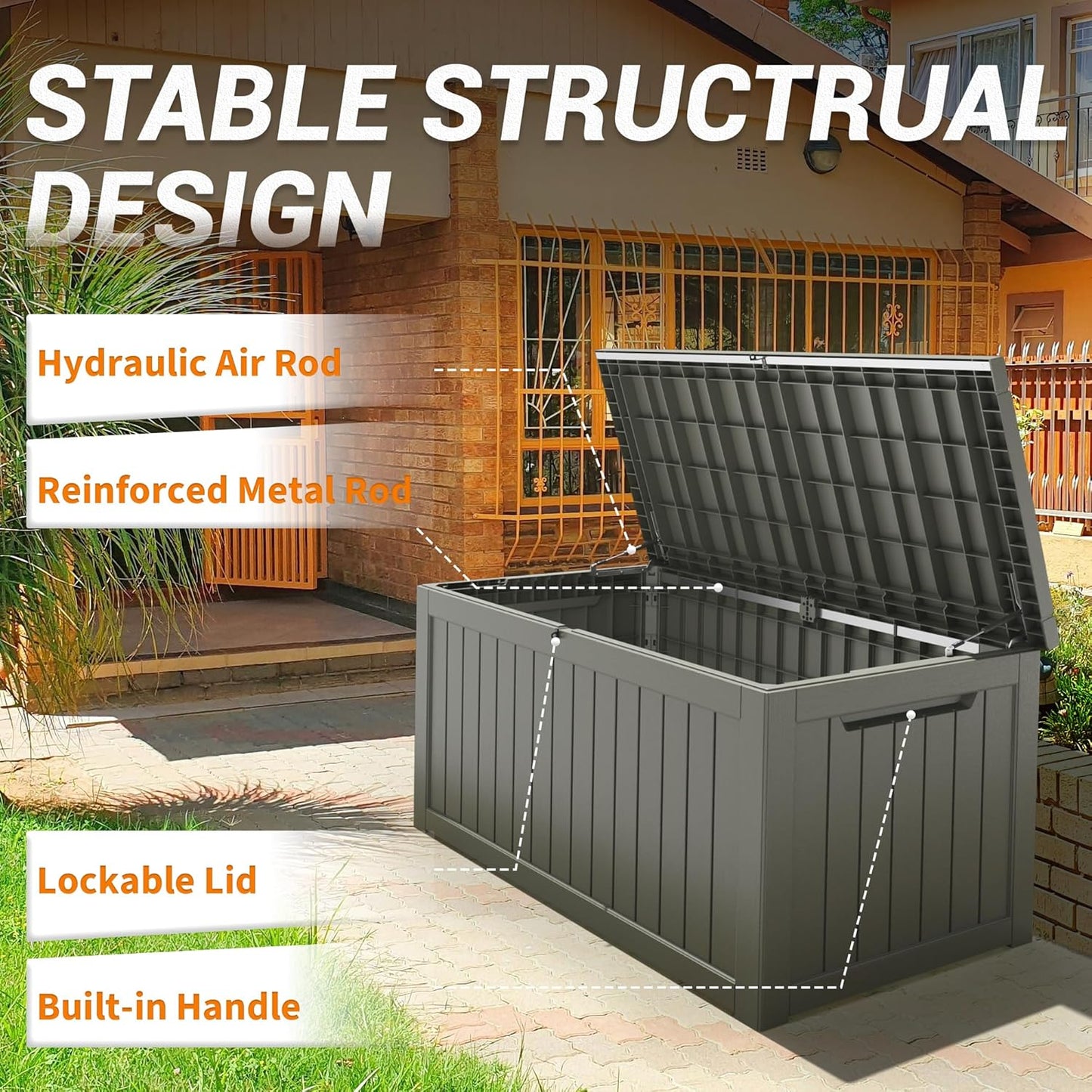 NUNU LAB 230 Gallon Large Resin Deck Box, Waterproof Outdoor Storage Box, Lockable Storage Bin for Patio Furniture, Garden Tools, Pool Accessories, UV-Resistant & All-Weather, Grey