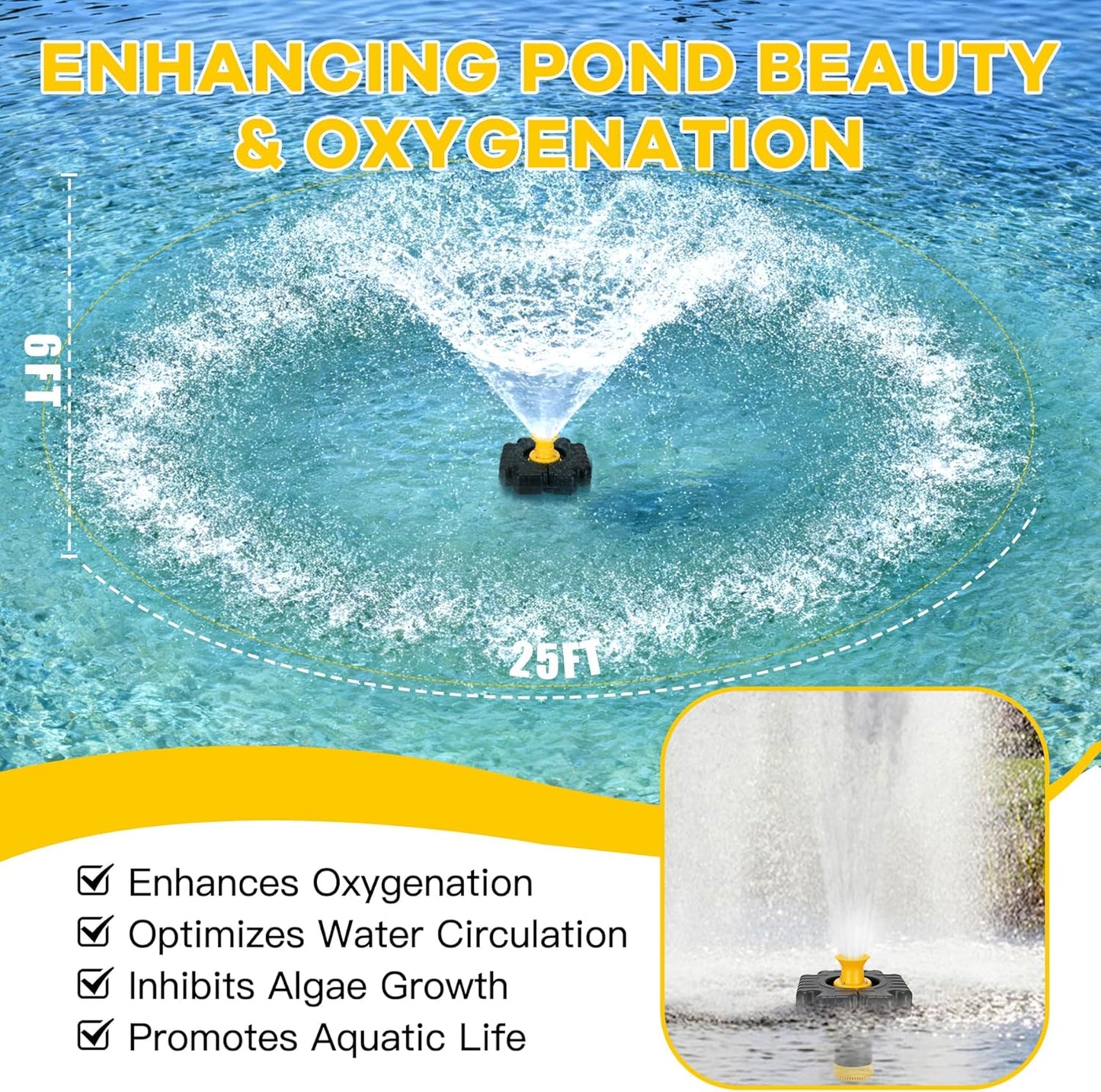 Pond Fountain Aerator, 1HP 15000 GPH Floating Aerating Fountain with Timer & 100FT Rope & Cord, Jet System for Large Outdoor Ponds & Lakes