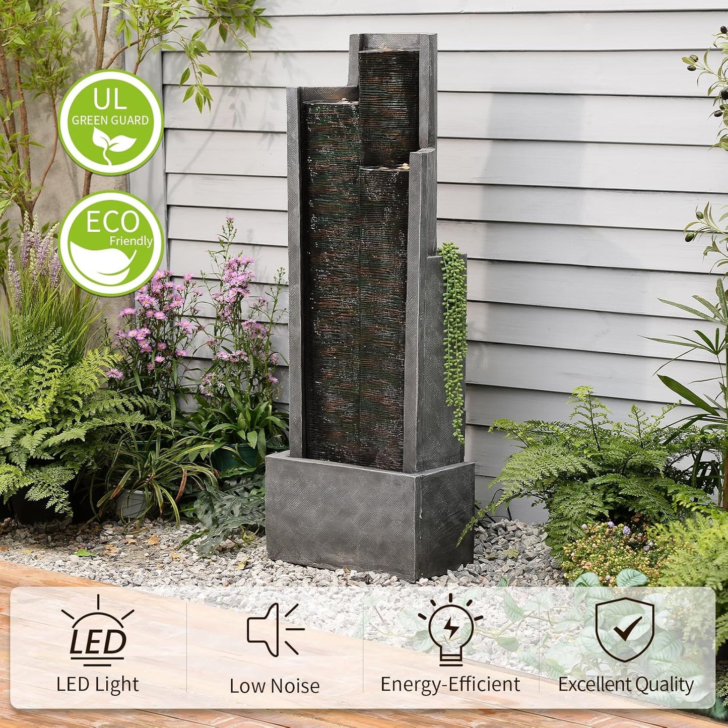 49.6" H Garden Fountains Outdoor Modern Cascading Indoor Water Fountain Tall Floor - Standing Fountain with Lights for Garden, Patio, Yard, Deck and Home Art Decor