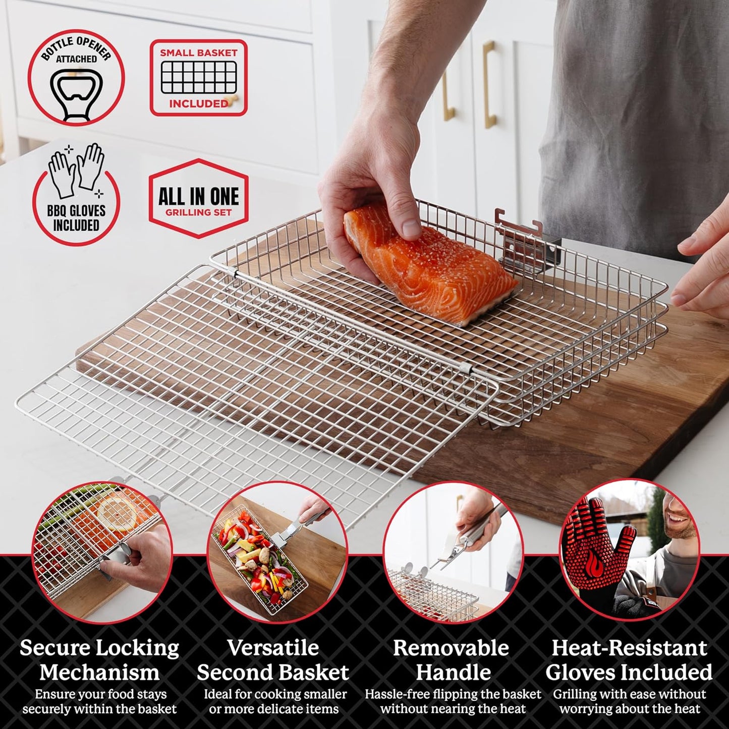 BLAZIN' GRILL Baskets for Outdoor Grill | 2 Grilling Baskets with Detachable Handle | Barbecue Grill Set with BBQ Gloves | Portable Camping Net Rack Perfect for Vegetables, Seafood & Meat