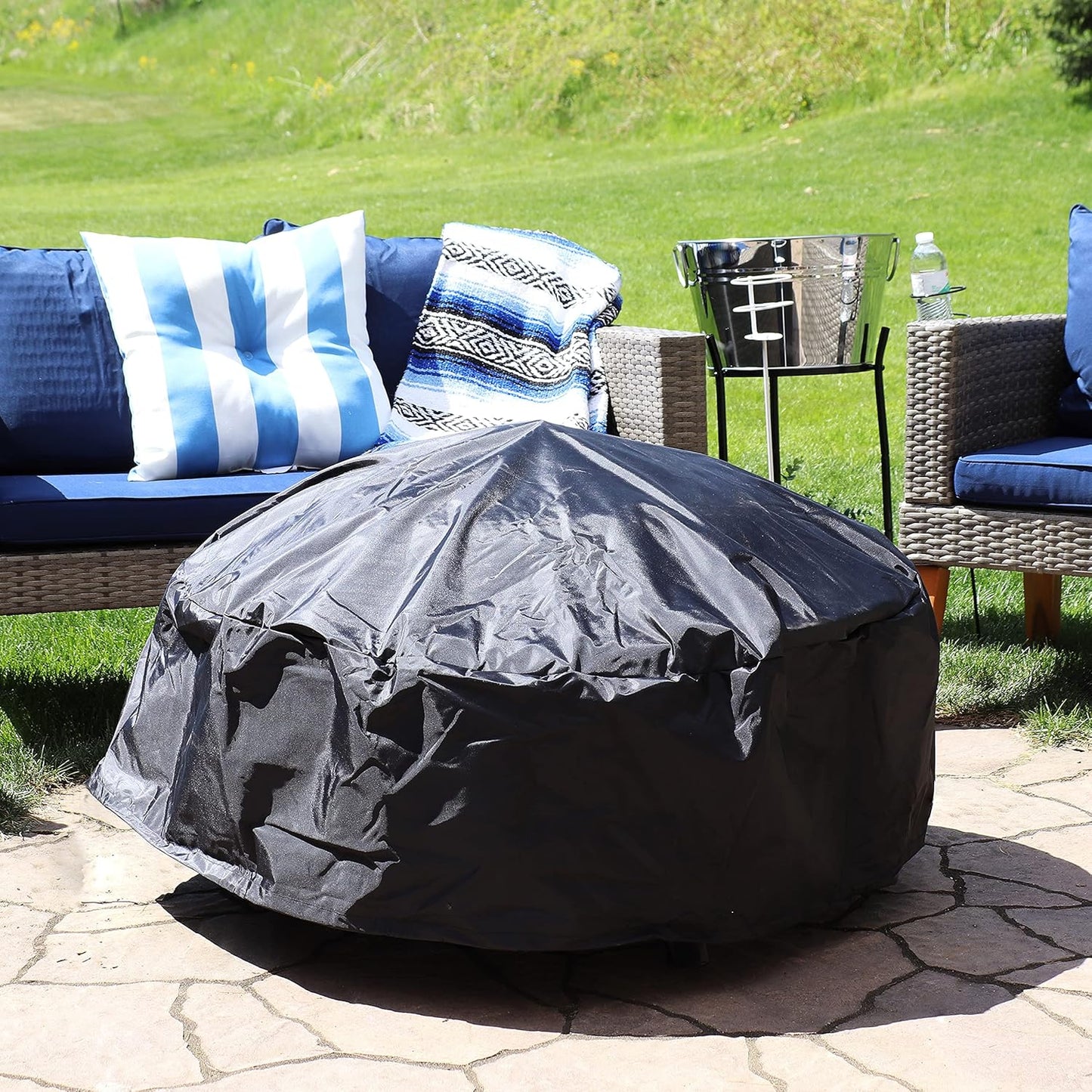 Sunnydaze Round Outdoor Fire Pit Cover - Heavy-Duty 300D Polyester and PVC with Drawstring Closure - Black - 58-Inch