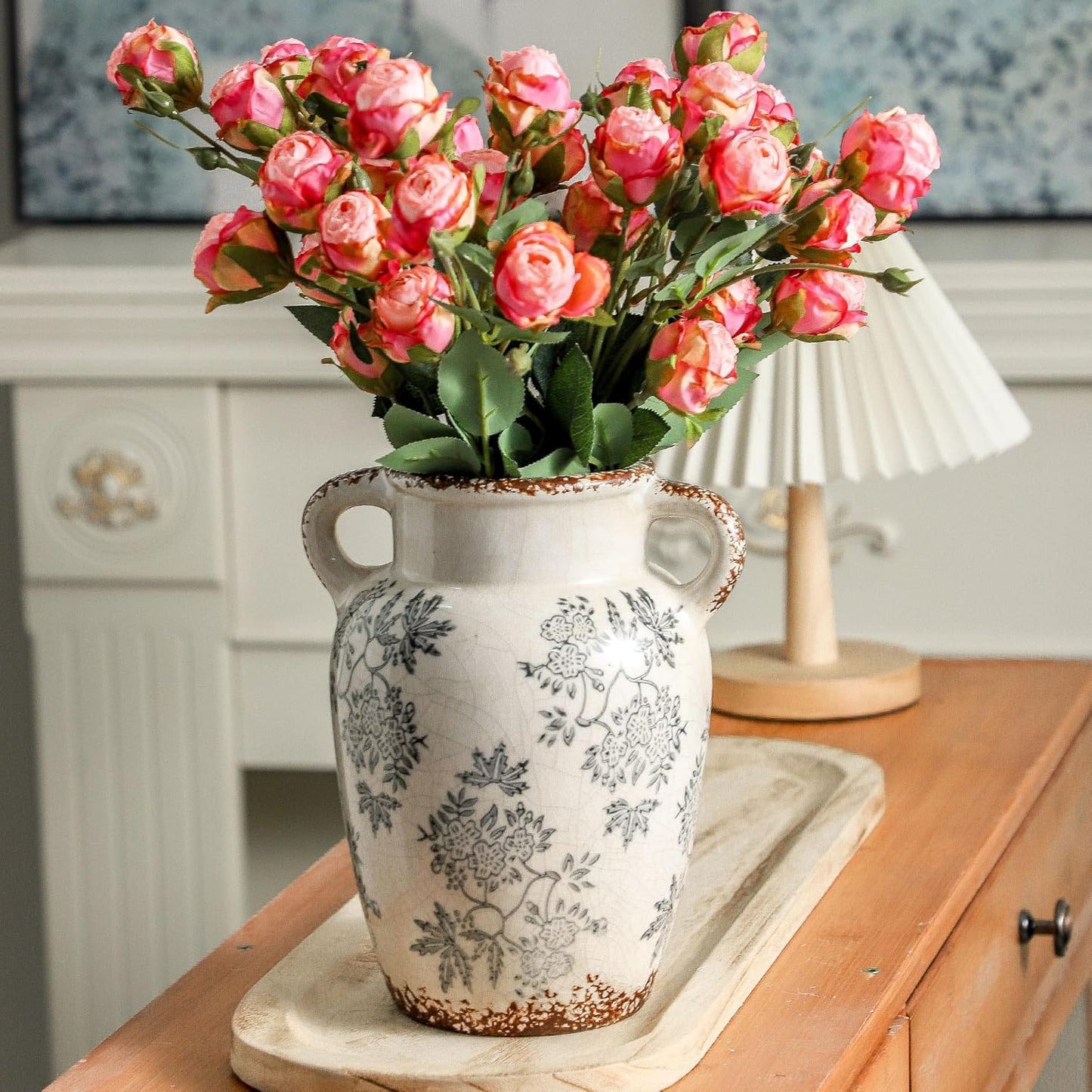 Enra Vintage vase with Handle,9.4 inch Blue and White Ceramic Decorative Flower vase, Chinoiserie Floral Vase,Large Rustic Vases for Home Decors, Living Room, Bookshelf, Office