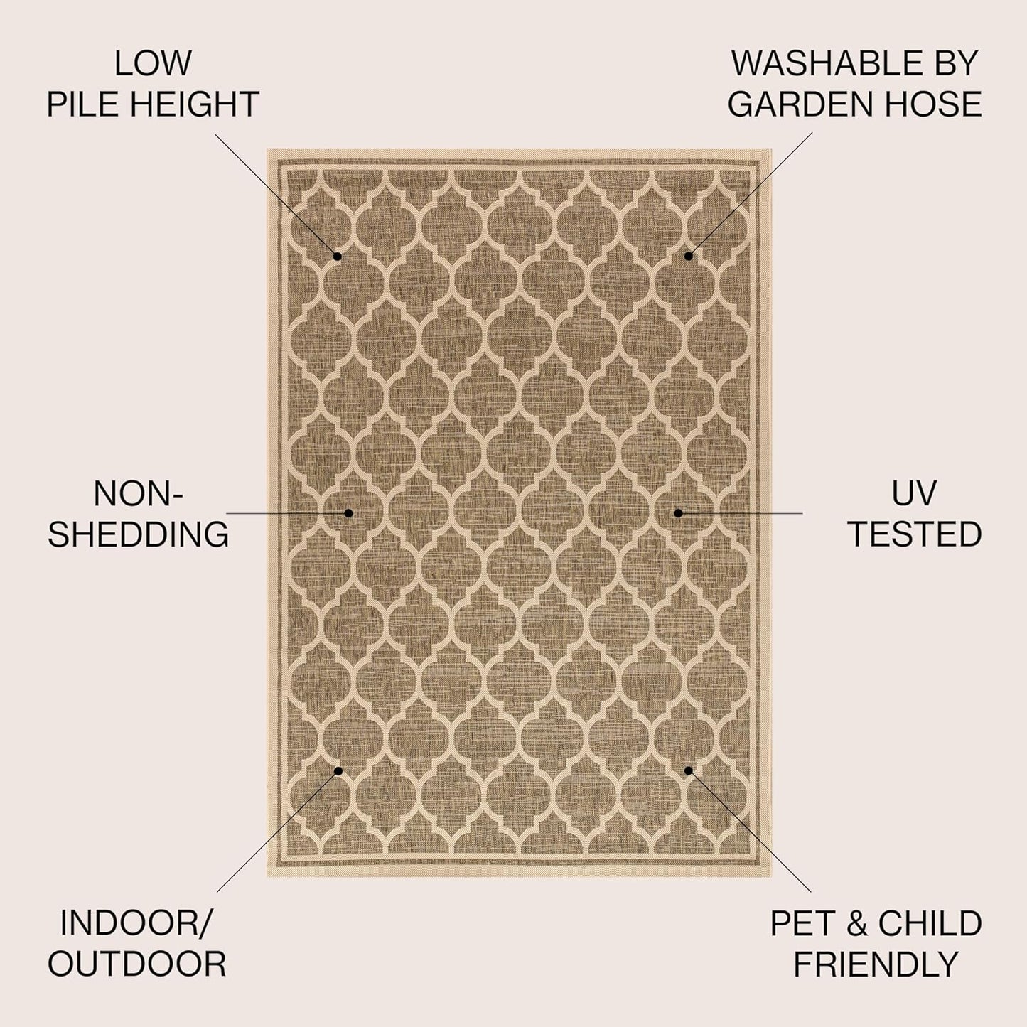 Eyely BMS109A-6SQ Santa Monica Trebol Moroccan Trellis Textured Weave, Pet Friendly, Non-Shedding, Stain Resistant, Easy-Cleaning, Brown/Beige, 6' Square, Indoor/Outdoor, Area Rug