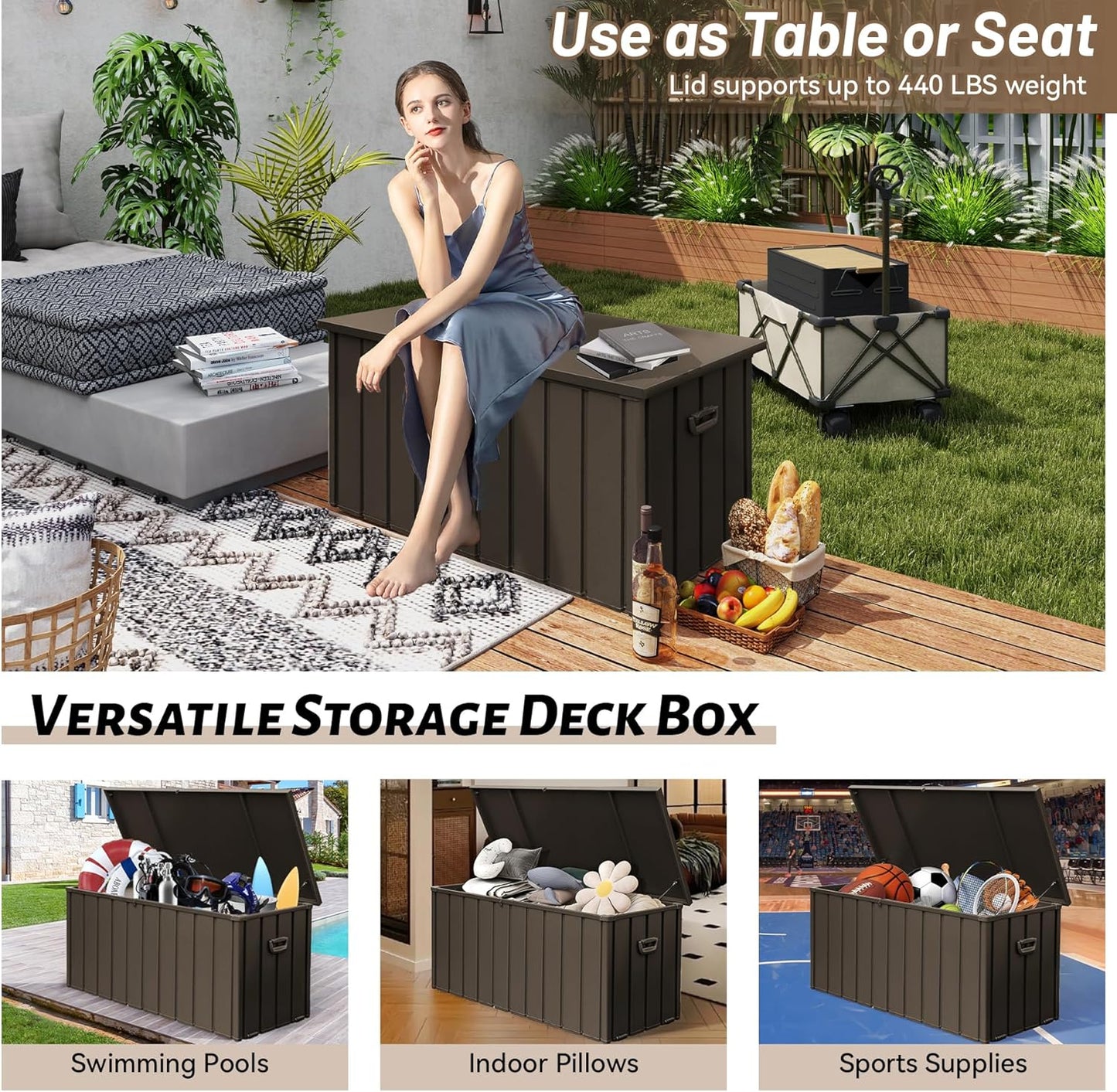 Outdoor Storage Box, 100 Gallon Metal Deck Box Waterproof, Outside Steel Storage Lockable Cabinet, Indoor Storage Bin Container for Patio/Poolside/Backyard Cushions, Pillow -Brown