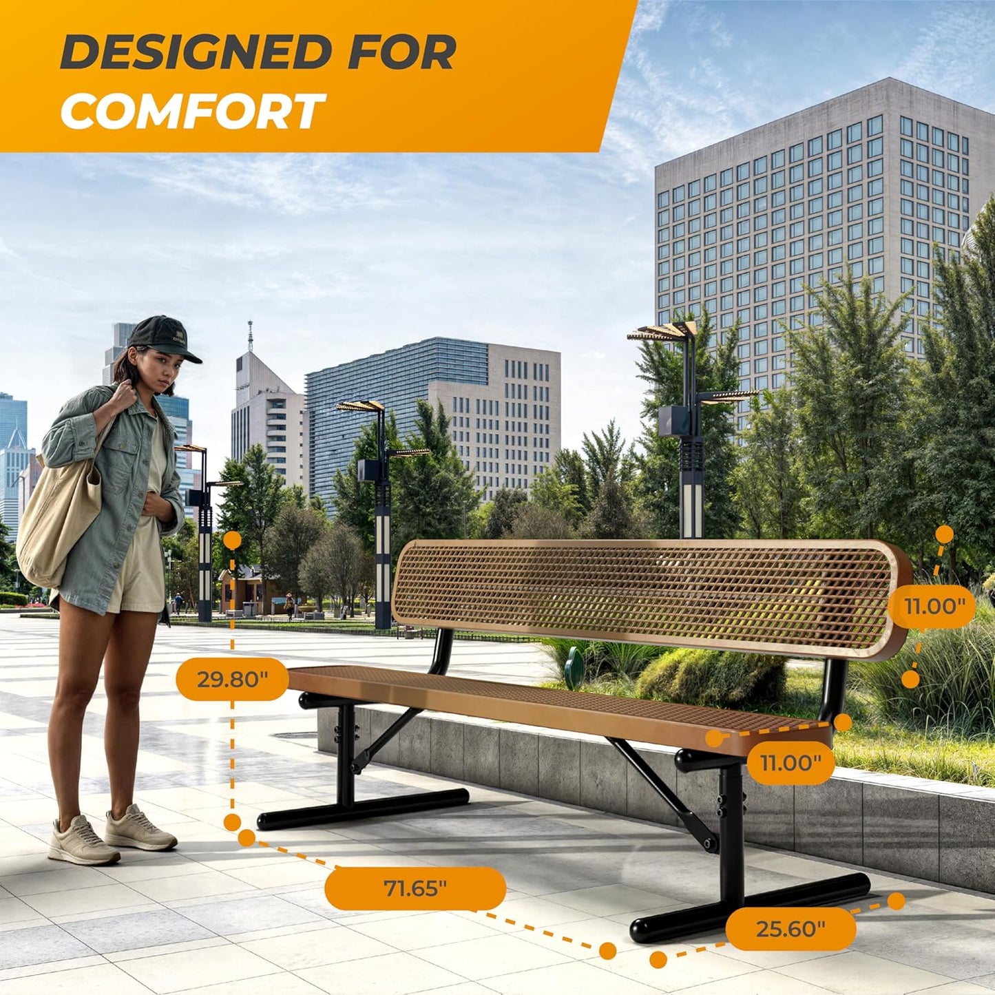 Heavy-Duty Outdoor Metal Bench, Thermoplastic-Coated, Portable, Weatherproof, Commercial-Grade for Parks, Gardens, Patios, Stores & More (6 Ft - Portable with Back, Brown)