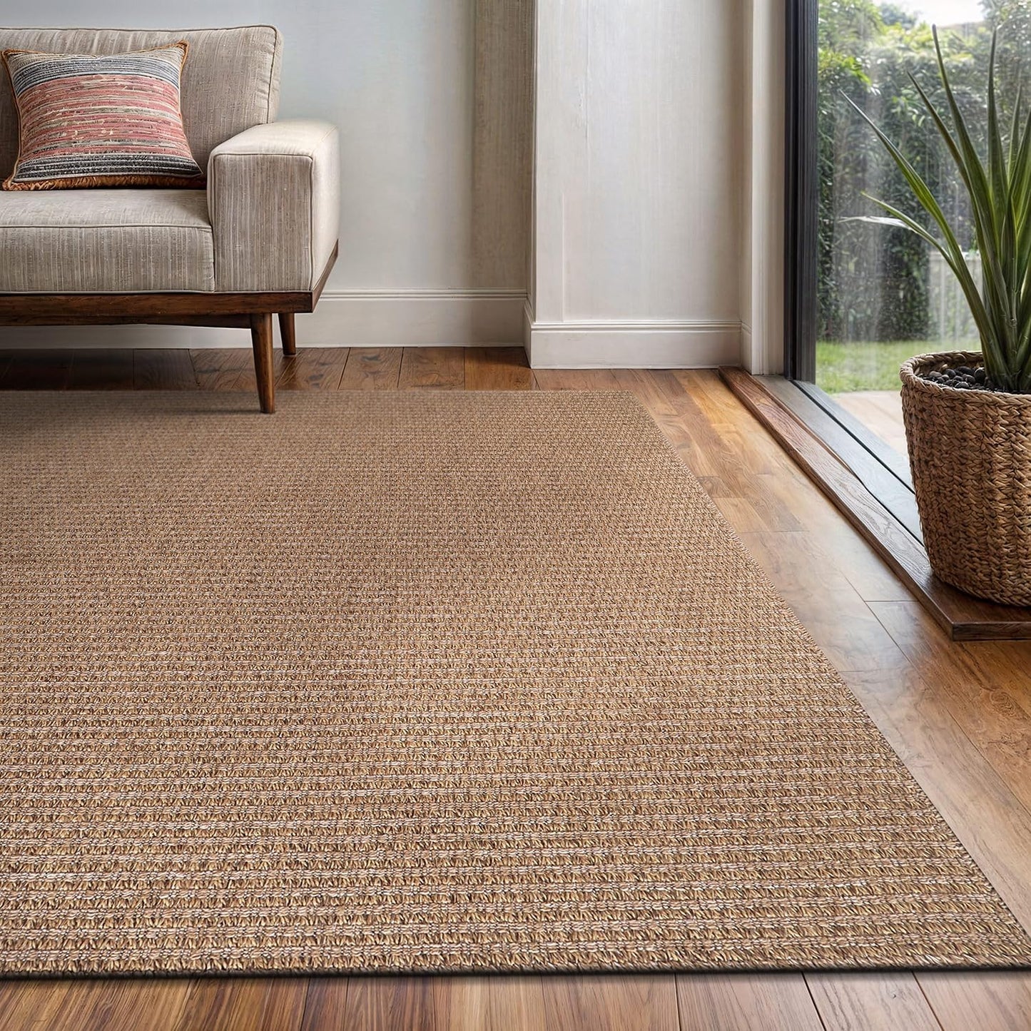 Easy Jute Rug 9x12 Indoor Outdoor Natural Rugs Solid Fiber Rug Woven Area Rug Boho Easy Clean Inside Carpet for Living Room Bedroom Dining Room Hallway or Outdoor Patio Porch (9 X 12 Natural)