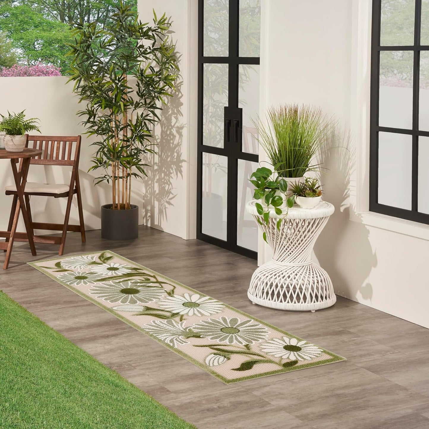 Nourison Home Aloha Indoor-Outdoor Ivory Green 2'3" x 8' Area Rug, Easy-Cleaning, Non Shedding, Bed Room, Living Room, Dining Room, Backyard, Patio, Deck (2x8)