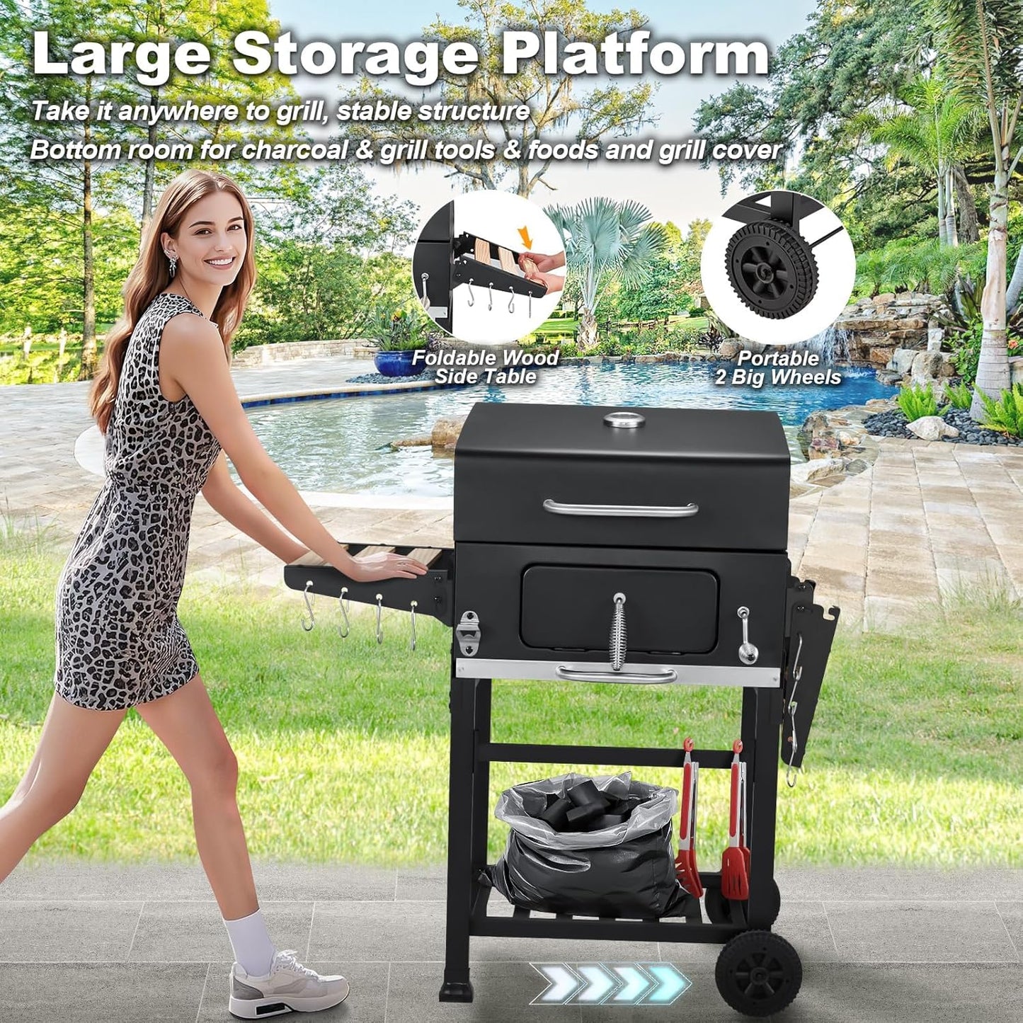 MELLCOM Charcoal Grill with Wood Foldable Side Table - 338 Sq.In BBQ Area with Individual Lifting Charcoal Trays & Thermometer, Movable Charcoal Grill for Outdoor Patio, Garden and Backyard