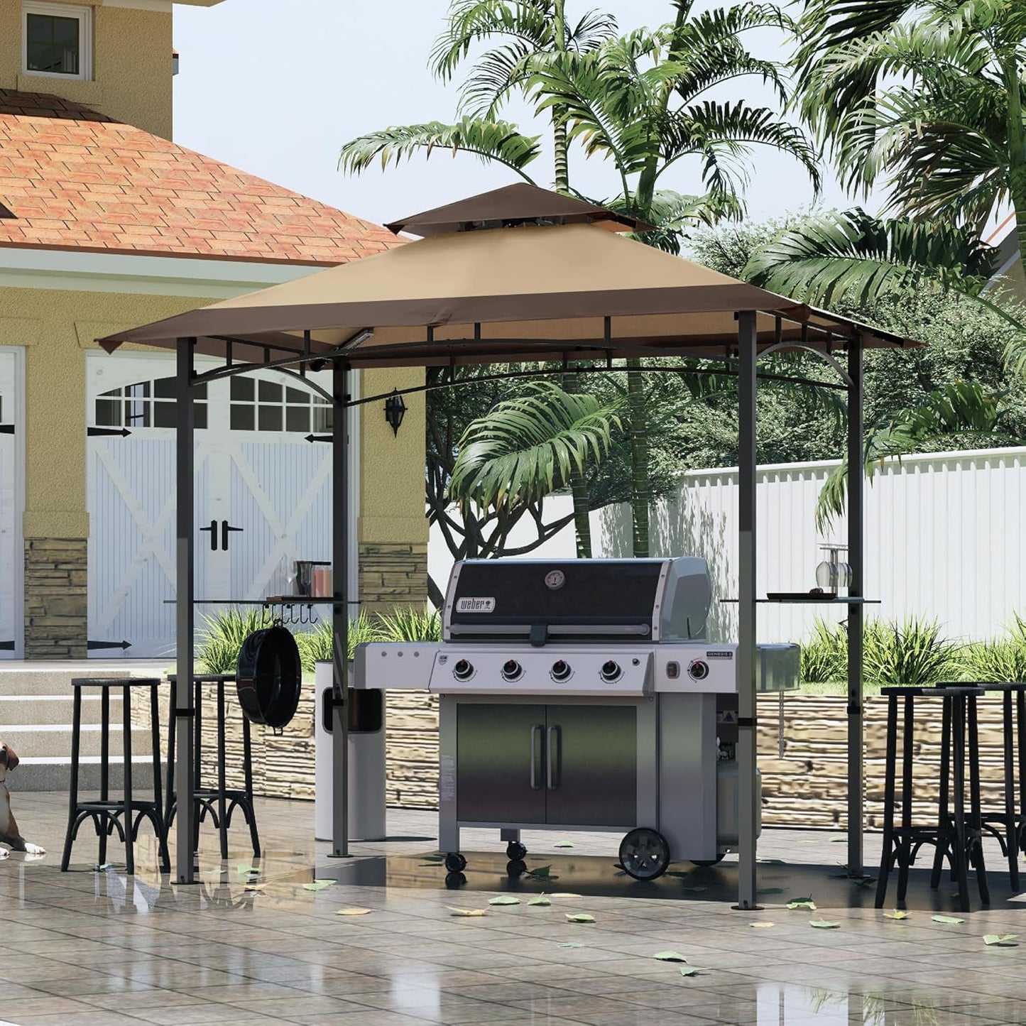 MASTERCANOPY 8 x 5 Grill Gazebo Outdoor BBQ Gazebo Canopy with 2 LED Lights (Brown Stitching Khaki)