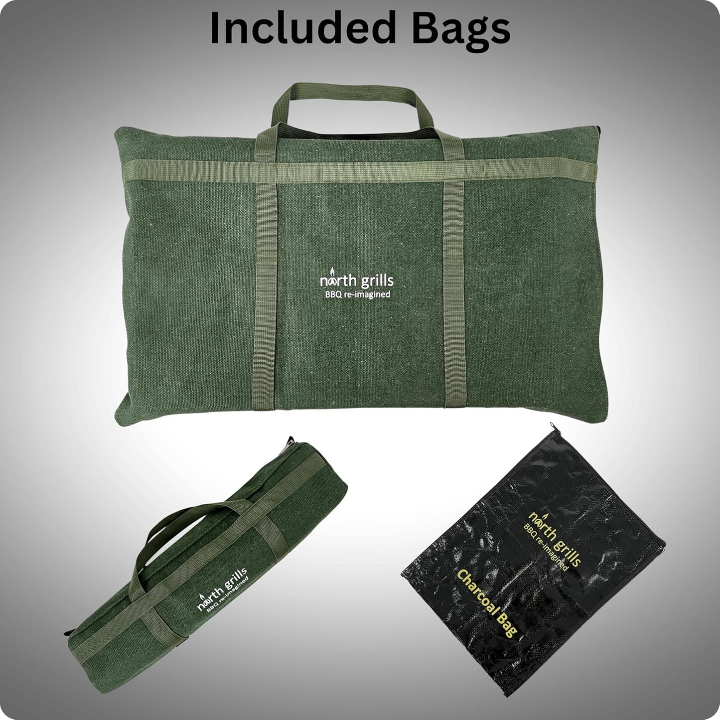 𝗖𝗵𝗮𝗿𝗰𝗼𝗮𝗹 𝗞𝗮𝗯𝗼𝗯 𝗚𝗿𝗶𝗹𝗹 by 𝗡𝗼𝗿𝘁𝗵 𝗚𝗿𝗶𝗹𝗹𝘀: precise heat control, silicone-handle square & flat skewers, charcoal starter tool, tongs, BBQ gloves, and storage & travel bags.