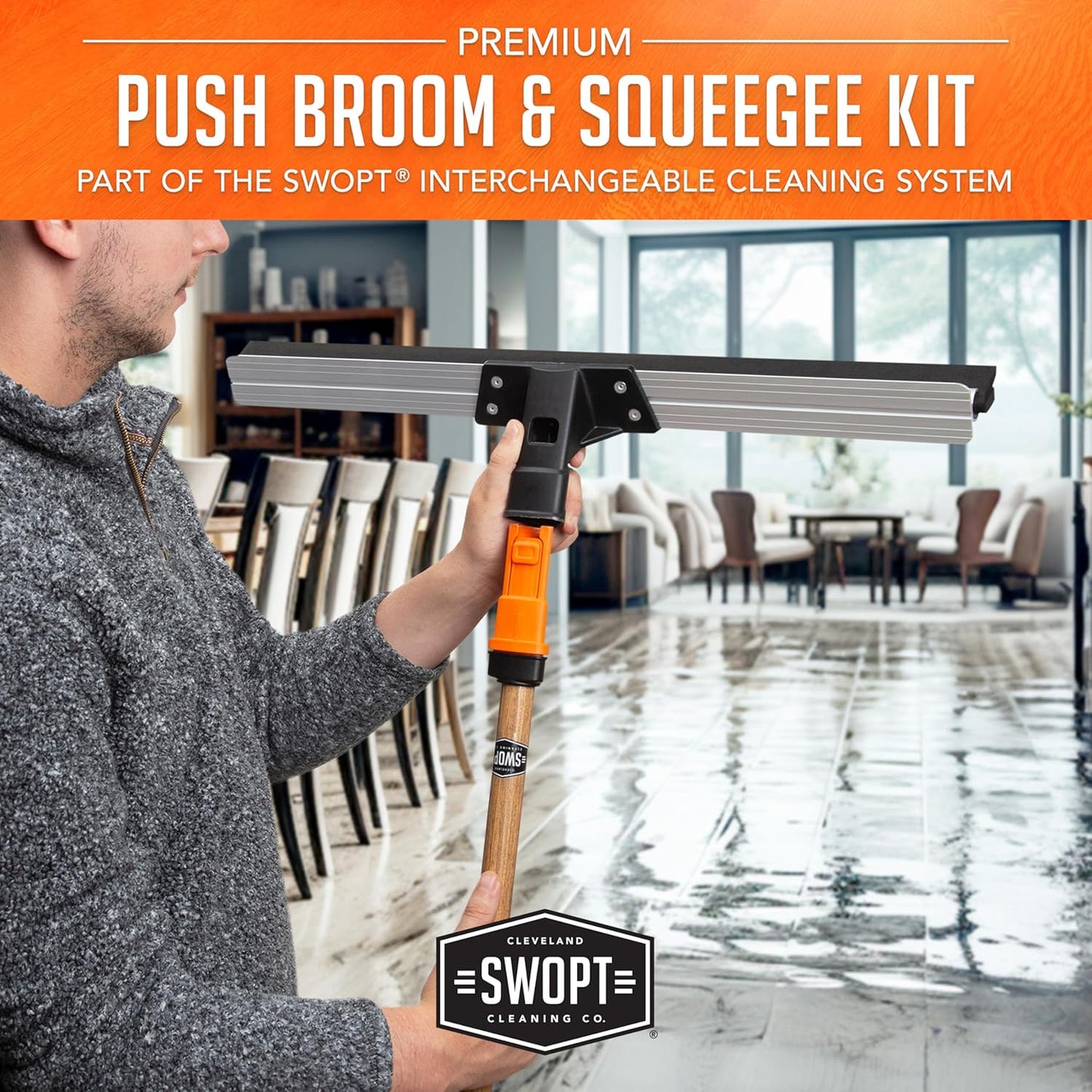 SWOPT 24” Floor Squeegee, 24” Multi-Surface Push Broom + 60" EVA Foam Comfort Grip Wooden Handle, Combo — 2 Cleaning Heads with Long Handle Interchangeable with SWOPT Cleaning Heads