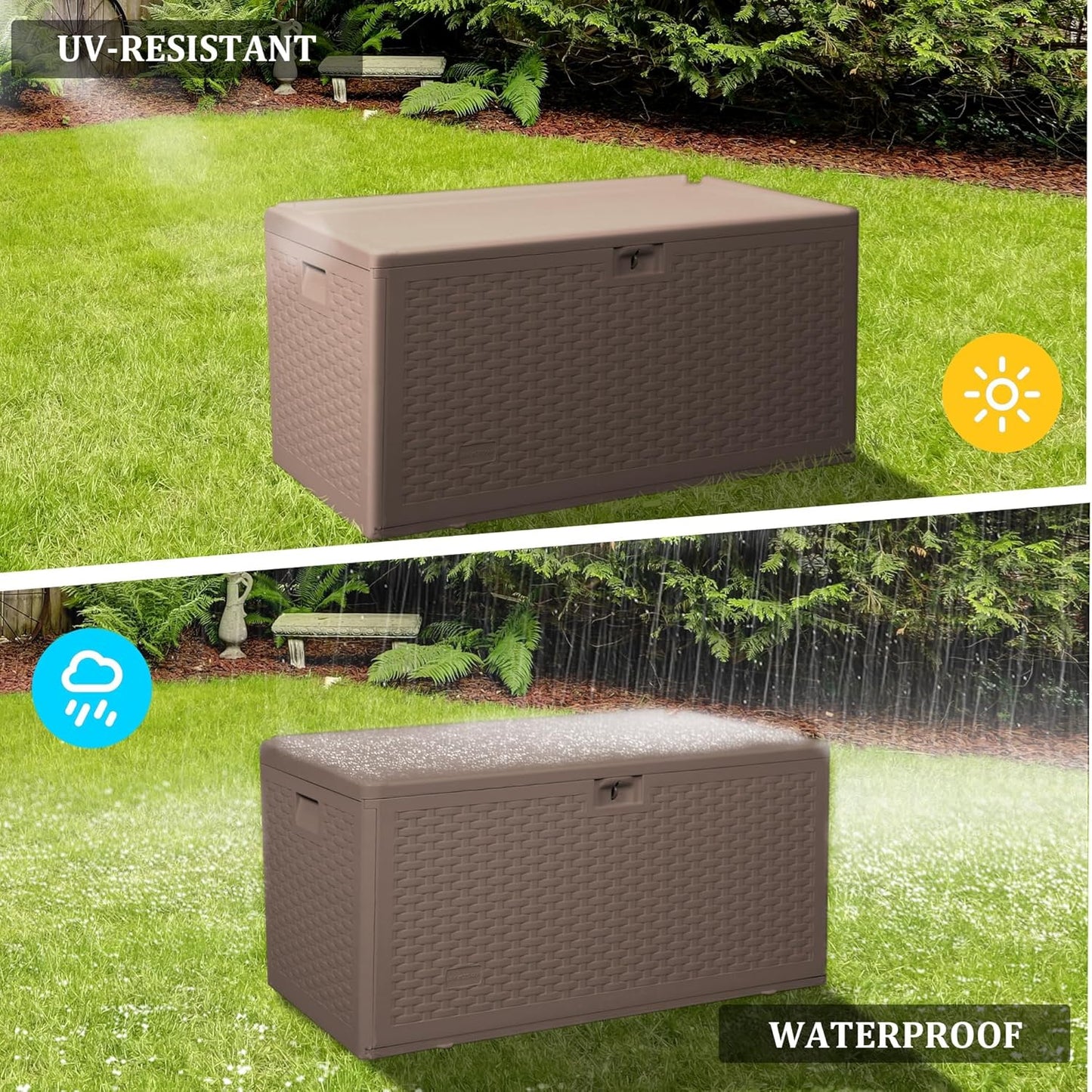 73 Gallon Outdoor Storage Box - Waterproof Resin Deck Box for Patio, Pool & Garden, Lockable Outdoor Cushion Storage & Delivery Boxes for Outside, UV-Resistant, Rich Brown
