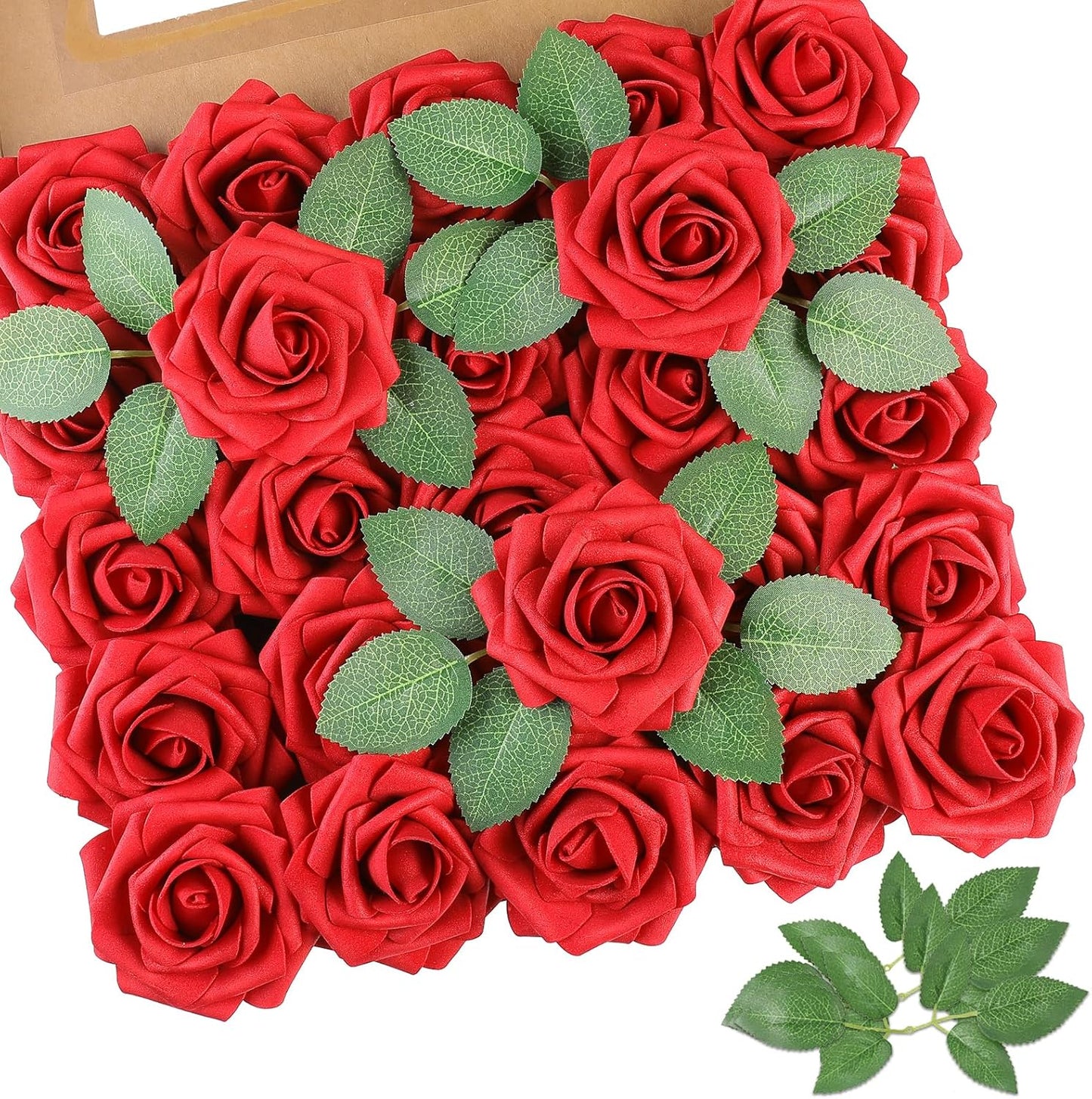 AmyHomie 25pcs Real Looking Artificial Red Roses w/Stem for DIY Wedding Bouquets Centerpieces Arrangements Party Baby Shower Home Decorations