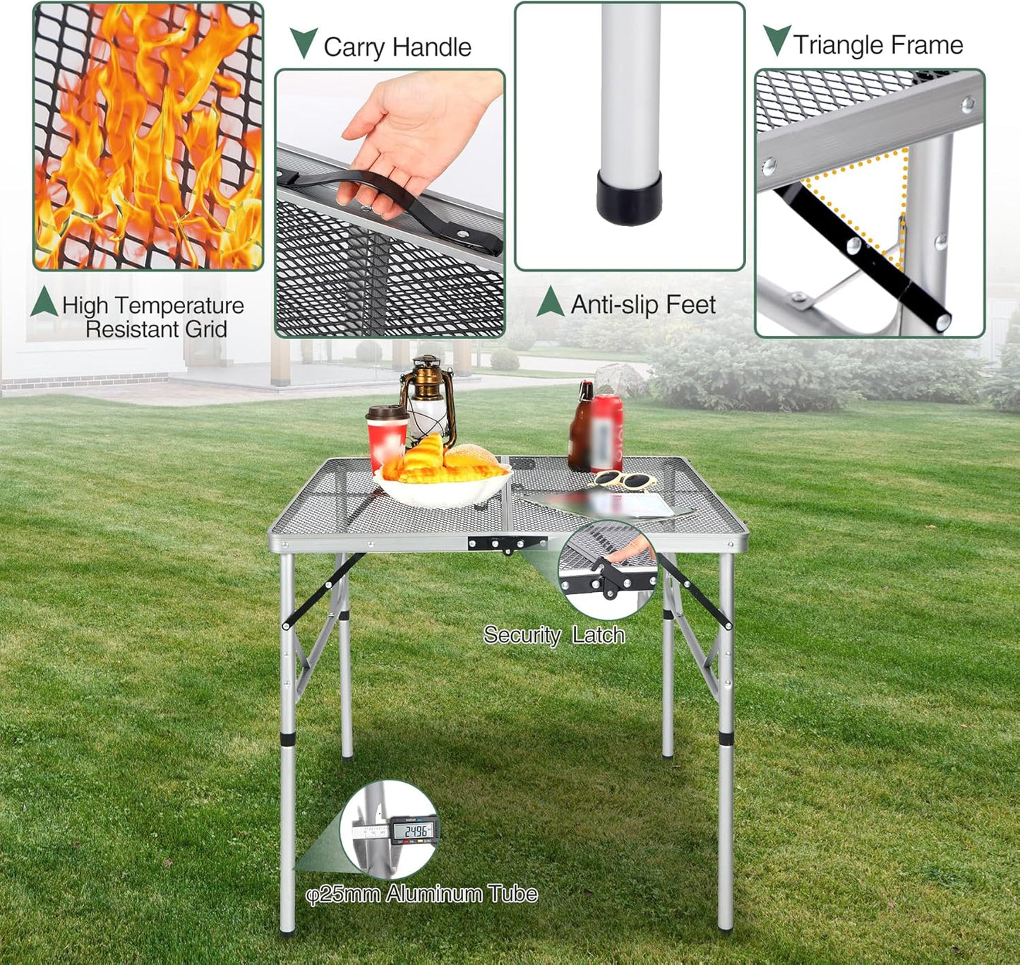 REDCAMP Folding Portable Grill Table for Outside, Lightweight Aluminum Metal Grill Stand Table for Camping Cooking BBQ RV Picnic,Easy to Assemble with Adjustable Heights Legs,Silver 32”x32”