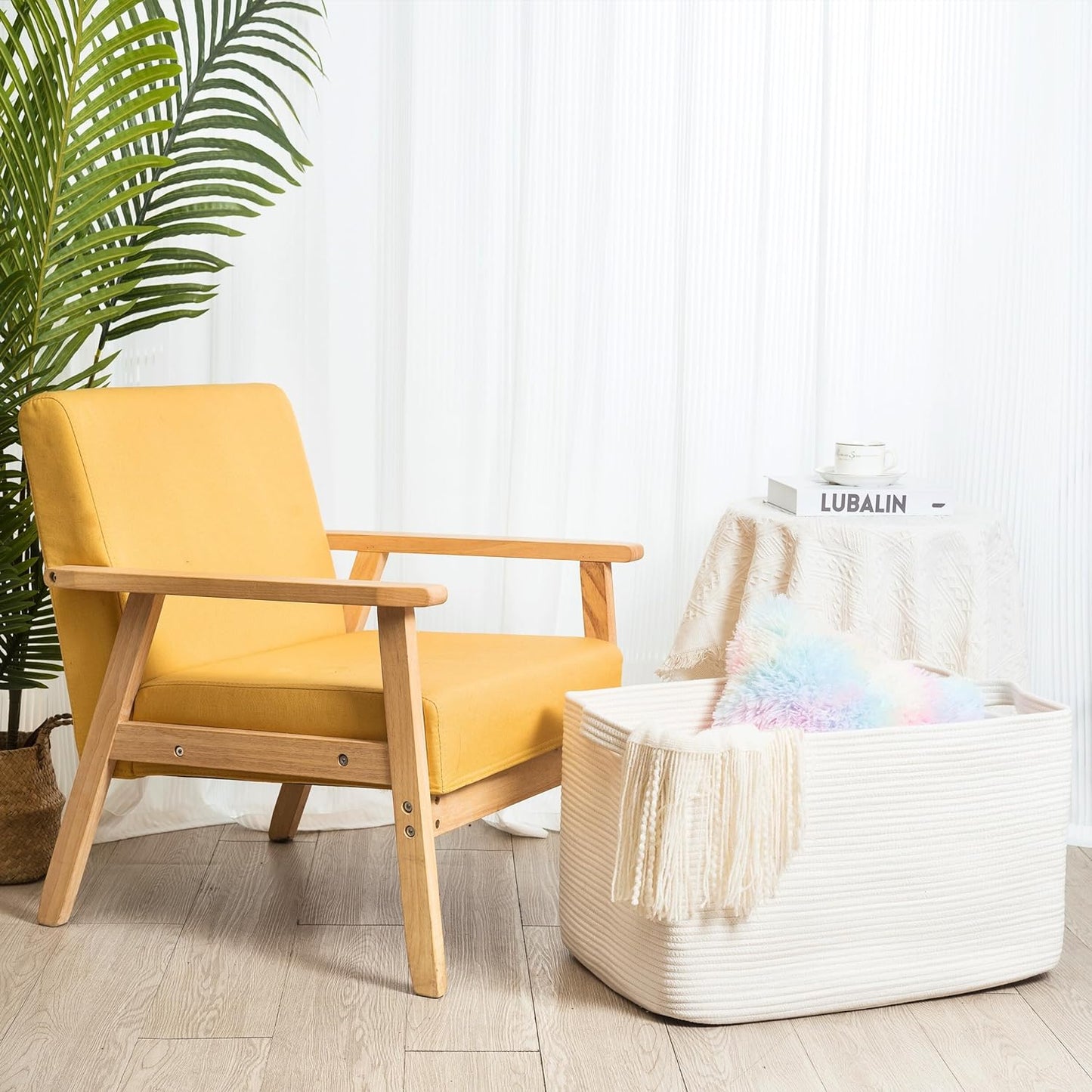 MINTWOOD Design 22in Extra Large Blanket Basket Holder Living Room, Rectangle Rope Woven Storage Basket with Handles for Laundry, Pool Towels, and Shoes, Dog Toy Organizer Bin Box, Creamy White