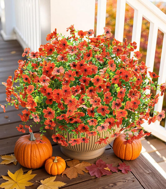 Artificial Fall Flowers Faux Mums for Outdoor Indoor Garden Home Decoration, Faux Flower Daisy with Eucalyptus Leaves Fake Mums Plants Greenery Boxwood Porch Patio, 12 Bundles (Orange)