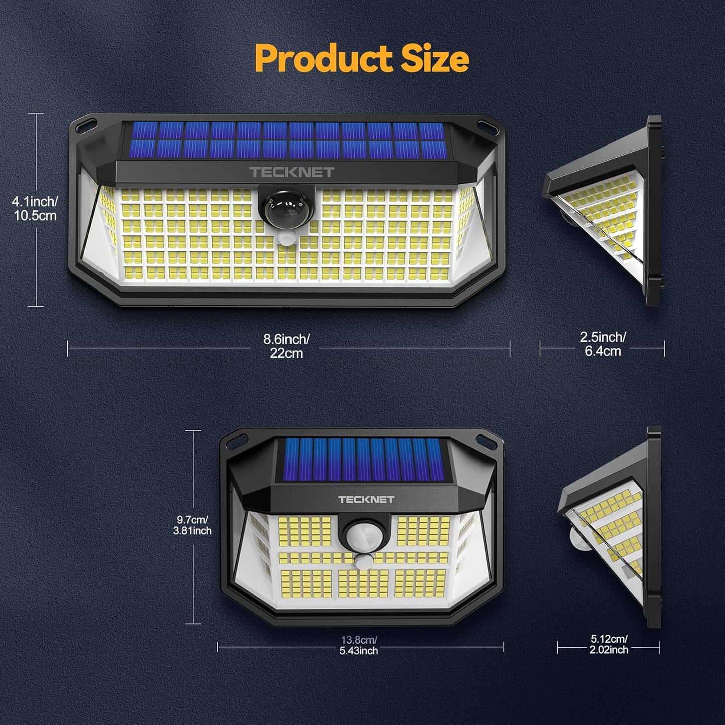 TECKNET Super Bright Solar Lights Outdoor 3 Pack, 2×231 LED and 1×416 LED, 300° Angle & 3 Lighting Modes Motion Sensor Outdoor Lights, Waterproof for for Fence Front Door Yard Deck Garden Garage