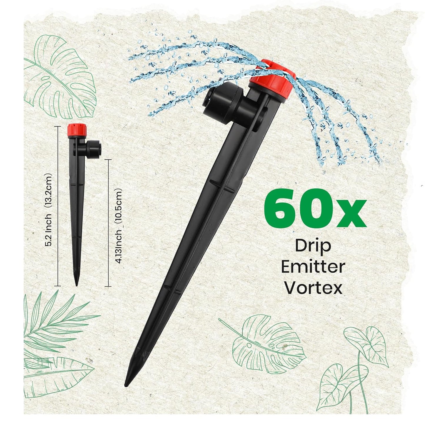 MIXC 60pcs Quick-Connect Drip Irrigation Emitters for 1/4" Drip Irrigation Tubing - Adjustable Push-to-Connect 360° Drip Emitters Stream on 6" Sturdy Stake for Irrigation System